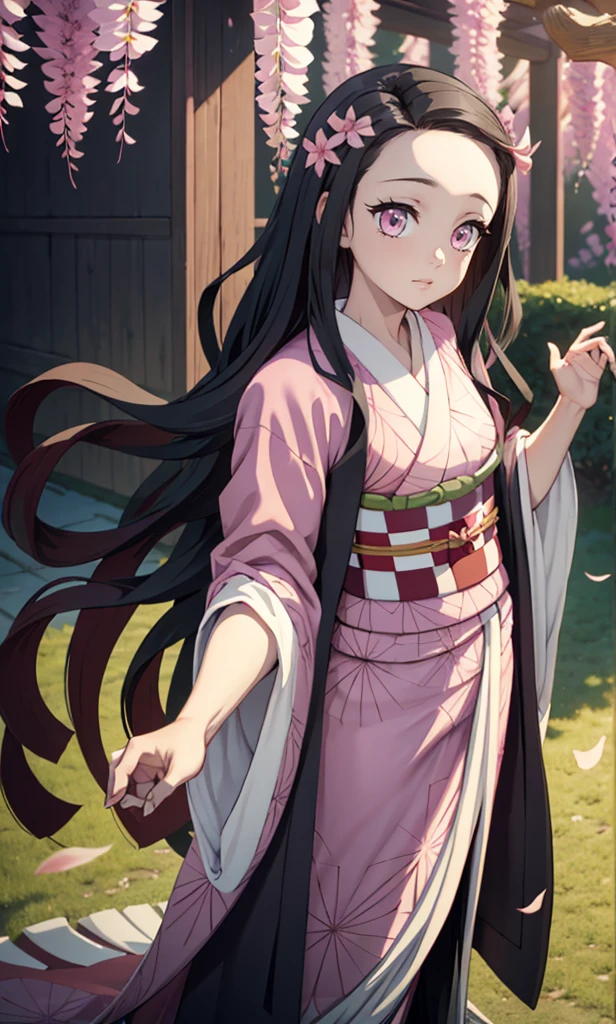masterpiece, (pink kimono), seductive face, good lighting, low-cut, small details, masterpiece, glowing eyes, great body, geat curves, geat female body, 1girl, black hair, on face, Nezuko Kamado, wisteria background, masterpiece, best quality, POV, different poses