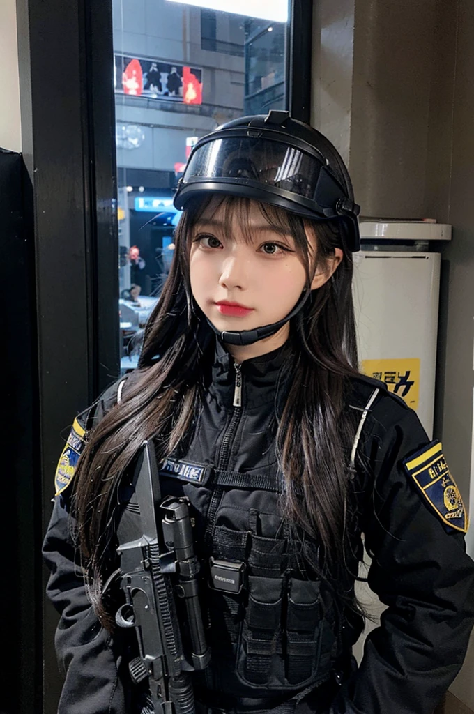 Police soldier woman, swat vest, black gloves, swat helmet head, behind long hair, ninja full mask, grip assault ak74,