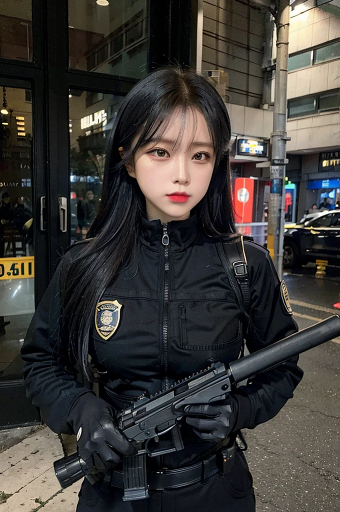 Police soldier woman, swat vest, black gloves, swat helmet head, behind long hair, ninja full mask, grip assault ak74,