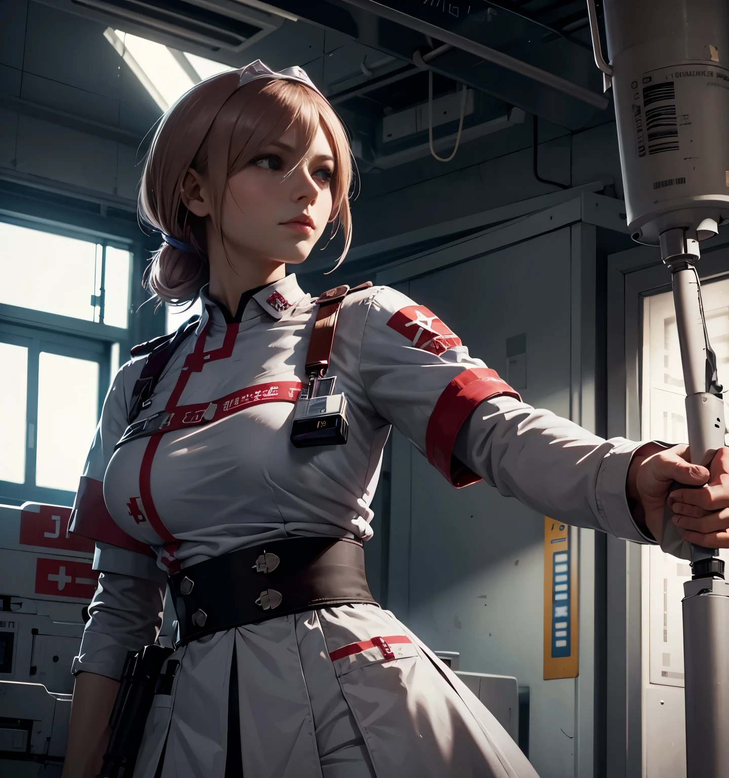 Nightingale saves people in an Hospital abandonado，A huge syringe is held in one hand，She wears a nurse&#39;s cap on her head，Conjunto de enfermeiras brancas，Red Cross Decoration，colarinho，com cabelo dourado curto，olhos verdes，A look of determination，Rosto da mulher europeia e americana，Normal e figura par，gota de ouvido，hospital badge，The nurse&#39;s medicine bag is tied around her waist，Saia curta na cor branca，Meias grandes de malha preta，botas marrons，Leg bandages，Broken and torn clothes dirty and messy makeup，Field doctor，Abandoned hospital history，Quarto escurecido，Hospital abandonado，Tempo super fraco，Resident Evil, fundo de apocalipse zumbi，Sobreviveu ao apocalipse，jogo de zumbi，Papel de parede 4k，Cenas realistauito limpo，muitos detalhes，obra-prima，precisar，very high resolution，