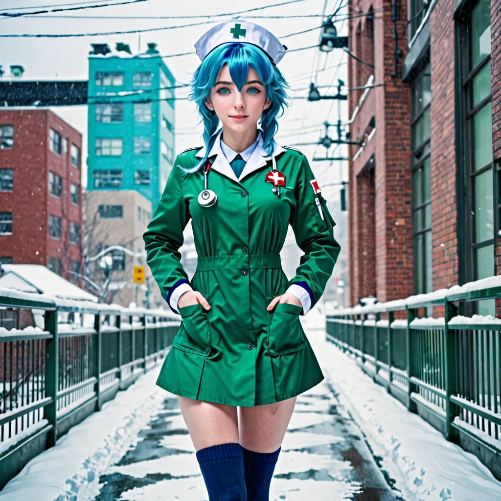 best quality,ultra high res,1girl,solo,full body,snow,city,, blue hair,green eyes,jk, nurse uniform,