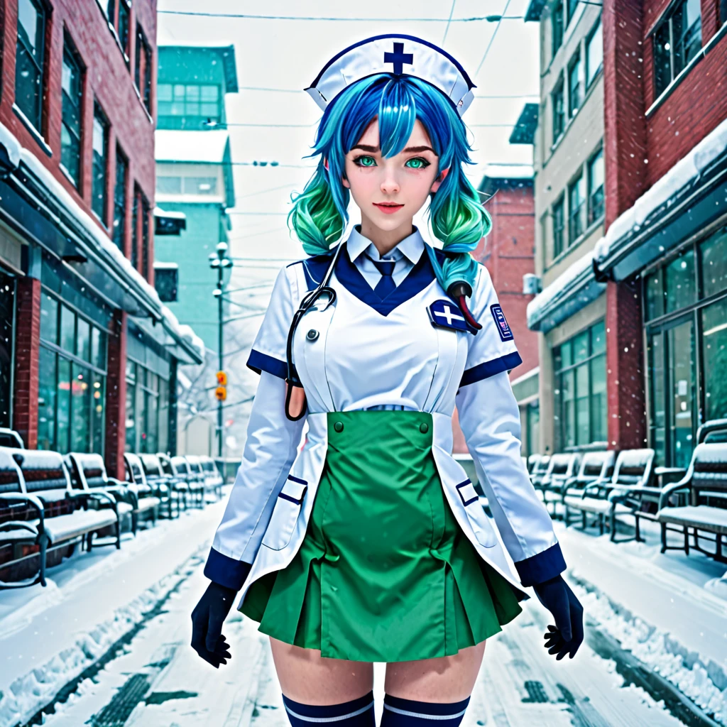 best quality,ultra high res,1girl,solo,full body,snow,city,, blue hair,green eyes,jk, nurse uniform,