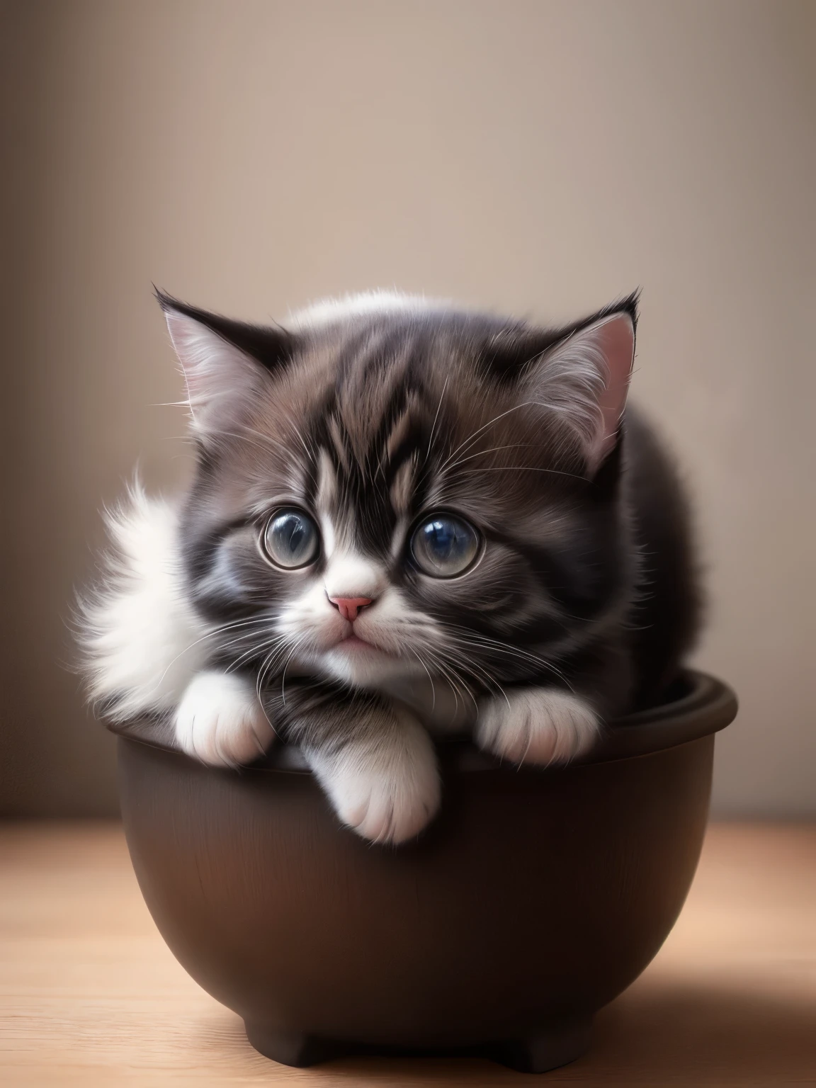 (highest quality,4K,8k,High resolution,masterpiece:1.2),Super detailed,(Realistic,Realistic,Photorealistic:1.37),indoor,Cute black and white mixed kitten,Beautiful crack、Art Gallery、(Very small kitten)、Random Pause