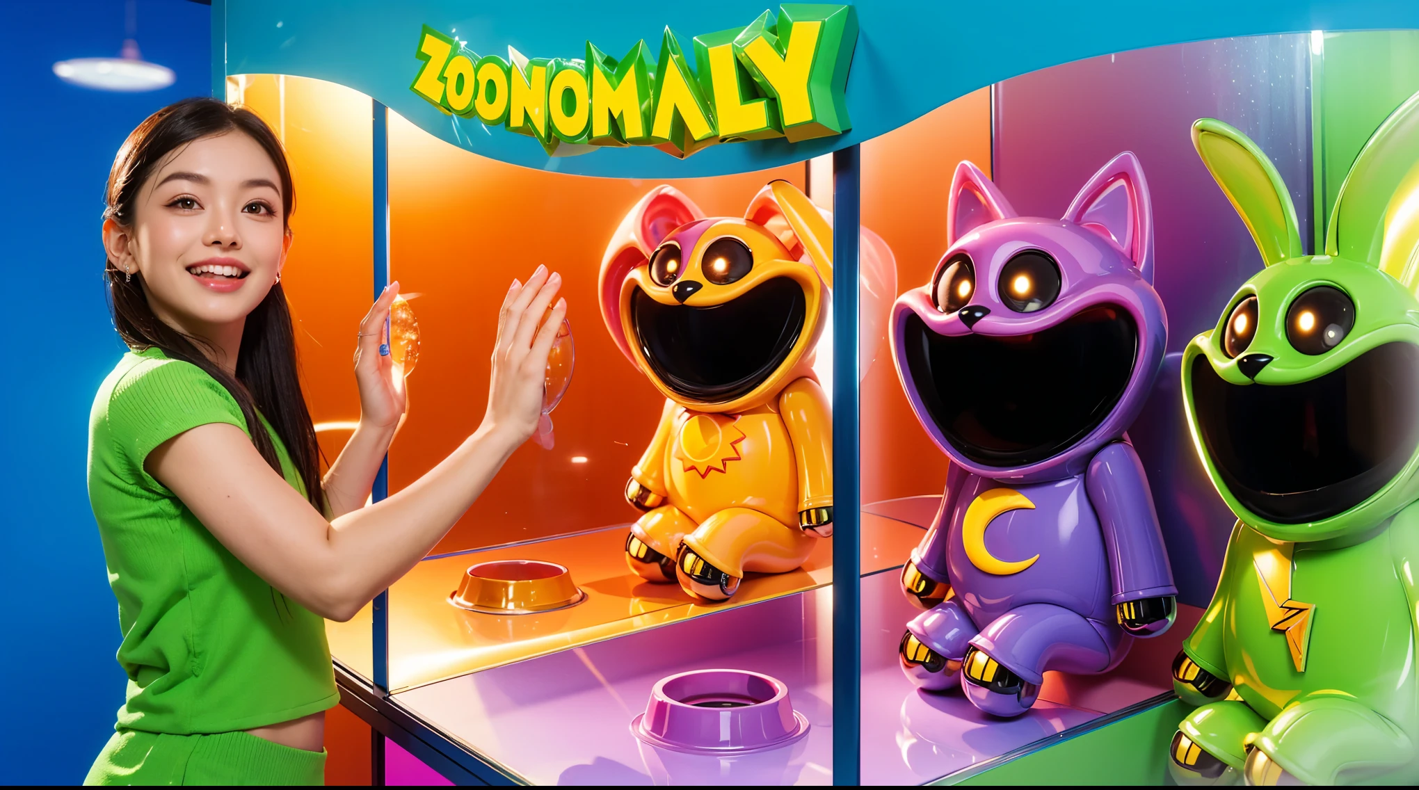 Create an image of a young girl with perfect, flawless skin, wearing a pink outfit and smiling joyfully. She is interacting with three cartoonish robot-like characters inside a colorful, futuristic display case labeled 'ZOONOMALY'. The characters include an orange bear with glowing eyes, a purple cat with a crescent moon symbol, and a green rabbit with a lightning bolt symbol. The display case has vibrant colors with reflective, glossy surfaces. The background should be a gradient of blue and orange, enhancing the overall bright and playful atmosphere. hands rest on the glass. cartoon key frame rendering, cute 3D rendering, Shiny metallic,Create ultra sharp цветной рендеринг zbrush. perfect cgi, cgi art created only with gradients, smooth silhouette, Create ultra sharp skin, high intensity refraction, (plastic material), most beautiful vfx, blue background, plastic refractions, glossy texture, smooth 3d model, multiple light sources, rim light, sharp post effects render, (glossy plastic texture with multiple big light probe refractions), perfect cgi, cgi art created only with gradients, smooth silhouette, high intensity refraction, (plastic material), most beautiful vfx, blue background, plastic refractions Create ultra sharp
