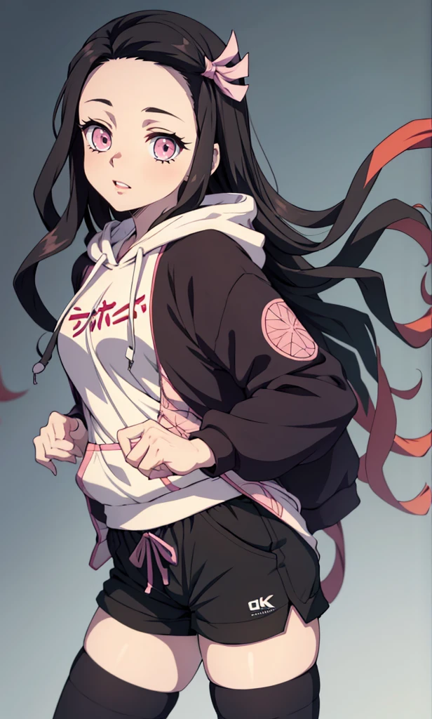 1girl, 1girl nezuko full body, Nezuko Kamado, Nezuko Kamado demon slayer, kamado nezuko, (anime: demon slayer), sexy, female body, perfect body, fullbody, pink enchanting eyes, dark black hair, black hair, black long hair, perfect body, wearing: modern clothes, shorts, sport shorts, female sport shorts, casual sport shorts women, sport shorts, hoodie, cute hoodie, hoodie for woman, beautiful woman body, nezuko, ultrasharp, 4k picture, highly detailed, beautiful, nezuko, nezuko kamado, demon slayer, nezuko, 8k, perfect image, detailed, nezuko.
