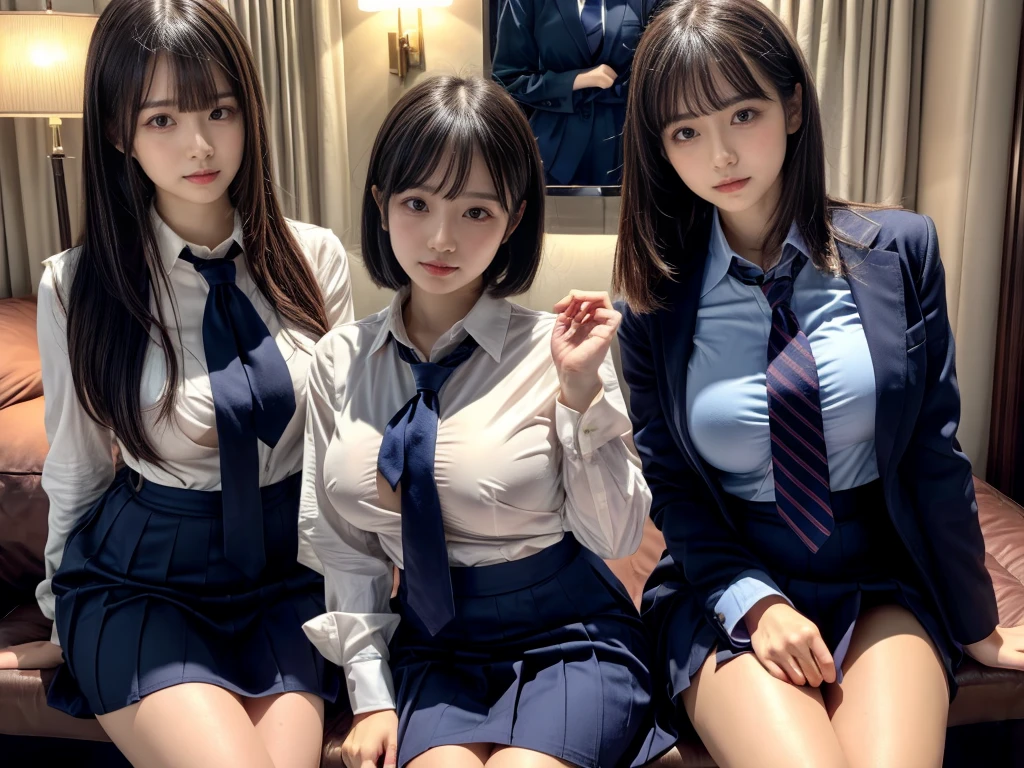 (8K, Raw photography, top-quality, masterpiece:1.2), ((3 beatiful girls))、.(Realistic Skins 1.4)、(((female high-school student、School Uniforms、)))、{{(The background is a luxury hotel room}}((School Uniforms、white Cutter shirt、darkblue pleatedskirt))、((long hair))、((One has short hair)),(A dark-haired、The forehead is hidden by bangs、)、Black eyes、shinny skin.Beautiful delicate face、Beautiful delicate eyes、{Voluptuous body shape、Thicker thighs}、One piercing in each ear,((large )), ((navy blue tie)) ,looking at camera, ((close up))