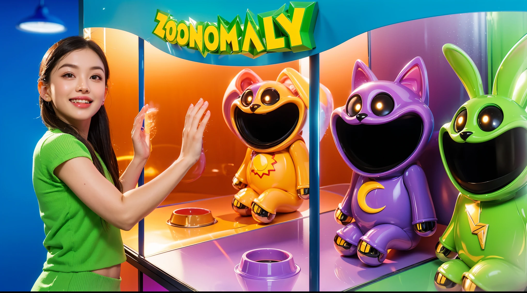 Create an image of a young girl with perfect, flawless skin, wearing a pink outfit and smiling joyfully. She is interacting with three cartoonish robot-like characters inside a colorful, futuristic display case labeled 'ZOONOMALY'. The characters include an orange bear with glowing eyes, a purple cat with a crescent moon symbol, and a green rabbit with a lightning bolt symbol. The display case has vibrant colors with reflective, glossy surfaces. The background should be a gradient of blue and orange, enhancing the overall bright and playful atmosphere. hands rest on the glass. cartoon key frame rendering, cute 3D rendering, Shiny metallic,Create ultra sharp цветной рендеринг zbrush. perfect cgi, cgi art created only with gradients, smooth silhouette, Create ultra sharp skin, high intensity refraction, (plastic material), most beautiful vfx, blue background, plastic refractions, glossy texture, smooth 3d model, multiple light sources, rim light, sharp post effects render, (glossy plastic texture with multiple big light probe refractions), perfect cgi, cgi art created only with gradients, smooth silhouette, high intensity refraction, (plastic material), most beautiful vfx, blue background, plastic refractions Create ultra sharp