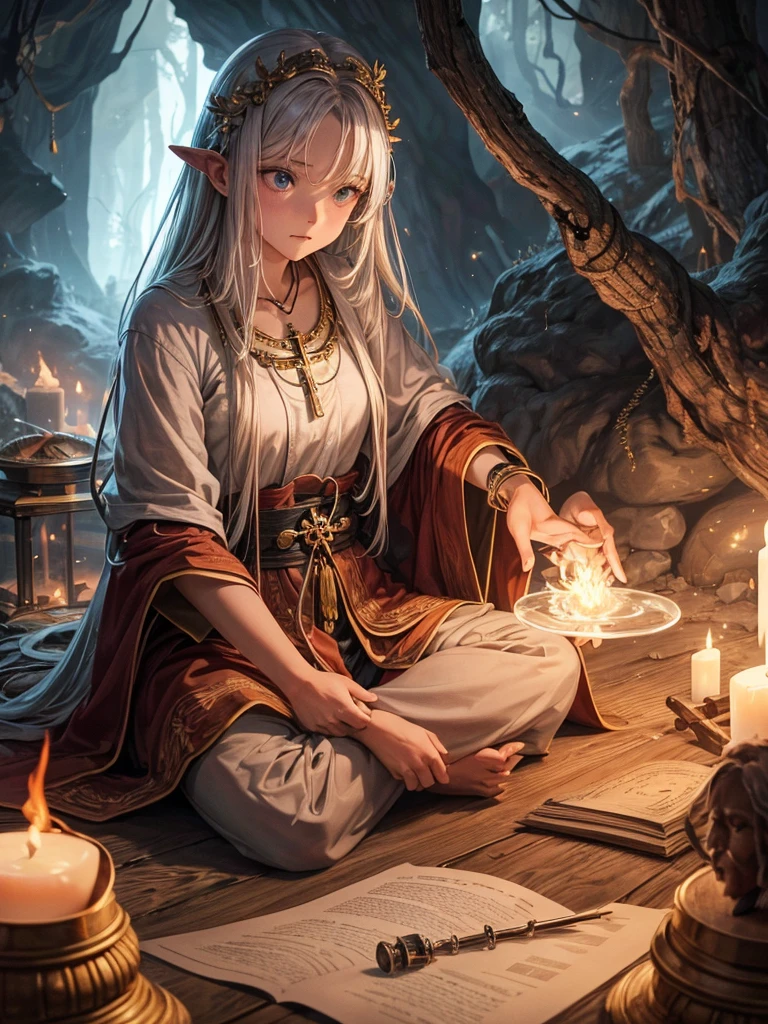 Arol Hening Photo realistic caricature of a pretty girl looking closely and amazed at a transparent glass cup containing an old hermit sitting cross-legged while emitting smoke and fire from his ears, the hermit looks very mini, and the glass is in an old cave in the forest,