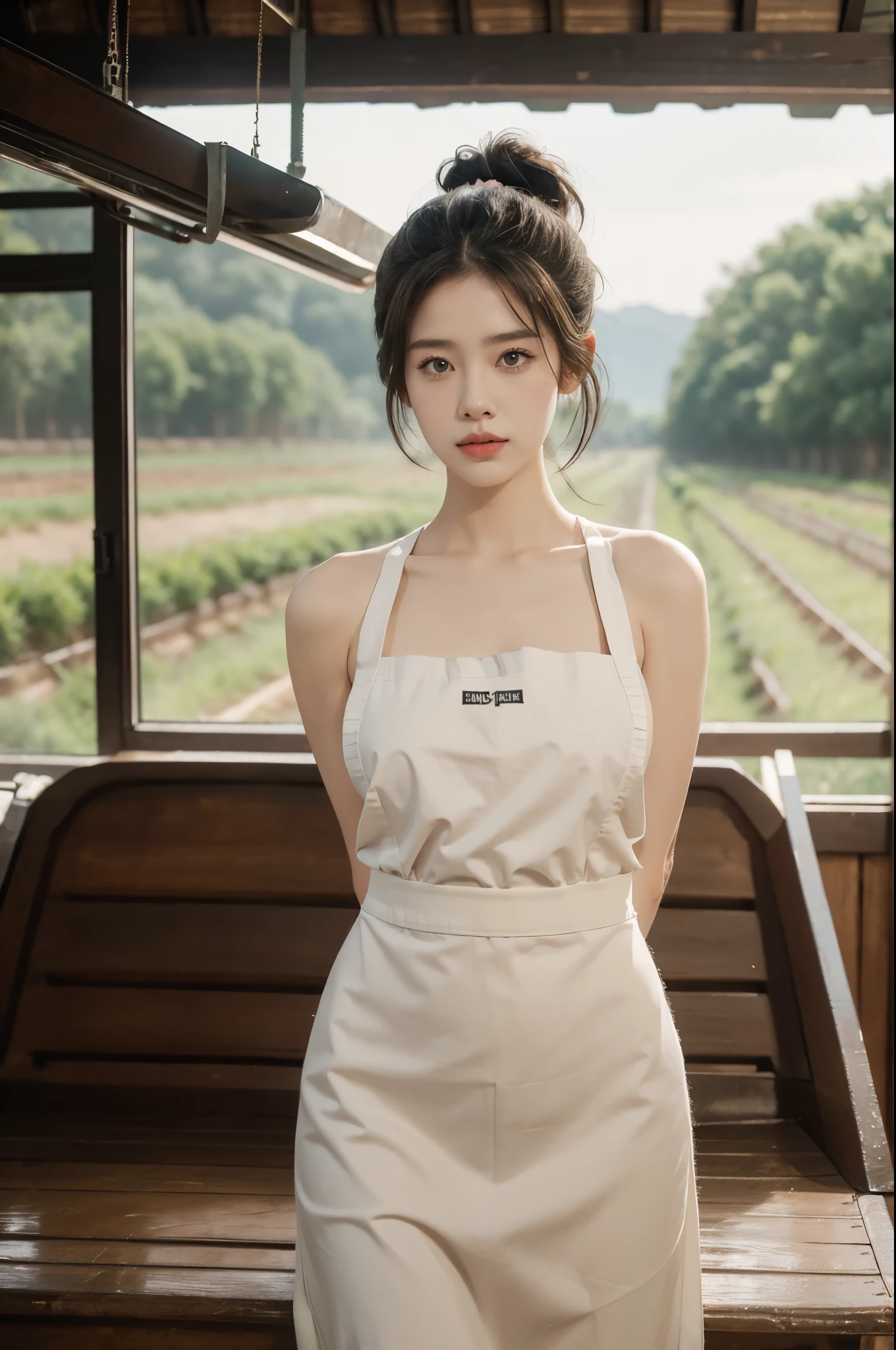 group photo of a girl and a huge pig,stood in the middle of a pig farm,short ponytail,bare shoulders,flat chests,torn apron,arms behind back,slender legs,realistic scenery,photography carnival,wildlife photography,aurora punk,animal and human styles,upper body,indoor