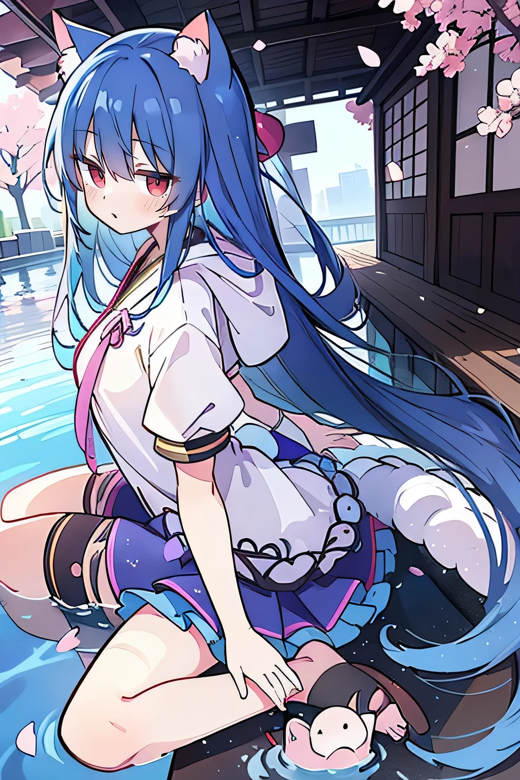 (masterpiece:1.2),Super detailed,lifelike,Expressive eyes,fair skin,perfect face shape,1 girl,
Japanese comics,Gorgeous blue hair,flowing blue hair,flowing clothes,Cat ears,Petals fall,beautiful lola,Baby Angel,
Shaking head with one hand,Cross your legs,Gentle and peaceful background,The pavilion is cool and comfortable,smile, wearing hoodie, background of tokyo,back views,snowing, winter,lie on the water.,.