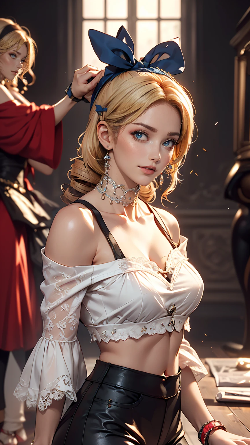 (8K, RAW Photos, highest quality, masterpiece:1.2), (Realistic, photo-Realistic:1.37)、Fashion model body type、Having her hair done、My chest is popping out、Wear accessories on your wrist、Wearing accessories on the ankle、Background blur((depth of field)、smile、White woman、Platinum Blonde、blue eyes、Vertical roll on one side((side drill))、Wear a lace-embellished off-the-shoulder top、Lower milk visible、I can see my belly button、Wear low rise leggings、Wear mules、smile、hair band((hair ribbon))、Wear a lace choker