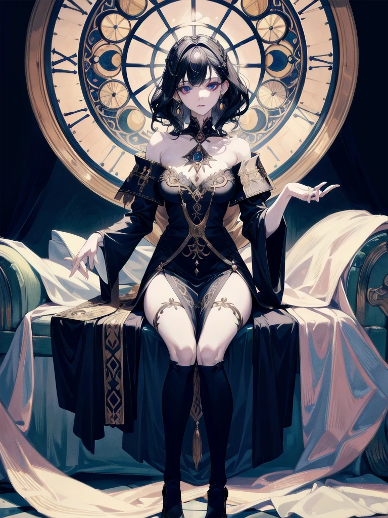 (full body), traditional witch outfit, absurdres, RAW photo, extremely delicate and beautiful, masterpiece, Best Quality, ultra high resolution, 32k, hyperrealistic, ultra-detailed, perfect figure, detailed description, pale skin, 20 years old, detailed beautiful face and eyes, tearful mole, earring, short medium hair, wavy hair, 