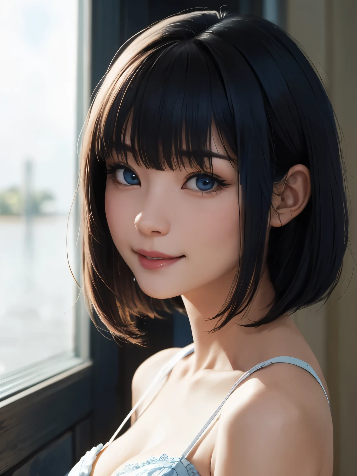 1 girl、highest quality、Realistic、alone、Written boundary depth、Natural soft light、Daytime、charm、Beautiful Face、Cleanliness、Pure Face、White skin、cute、short hair、prohibit、Beach、Light of the sun、Nedium Breast Body Esbian、((セーターを着たBeautiful Faceの黄金比 対称性のあるBeautiful Face))、Long neck、Listen carefully、prohibitのあるきれいな短いボブヘア、Laugh with your mouth closed、Perfect hands指、Perfect hands、Perfect body、Perfect Face、Shine a light into your eyes、Perfect Anatomy:1.4、とてもcuteスーパーモデル:1.4、{Huge|big|Hugeな|Mega} chest:2, chestの谷間:2、Transparent、Transparency、glosoisture、shine、Cool feeling、(()Beautiful gradation blue sky:2)