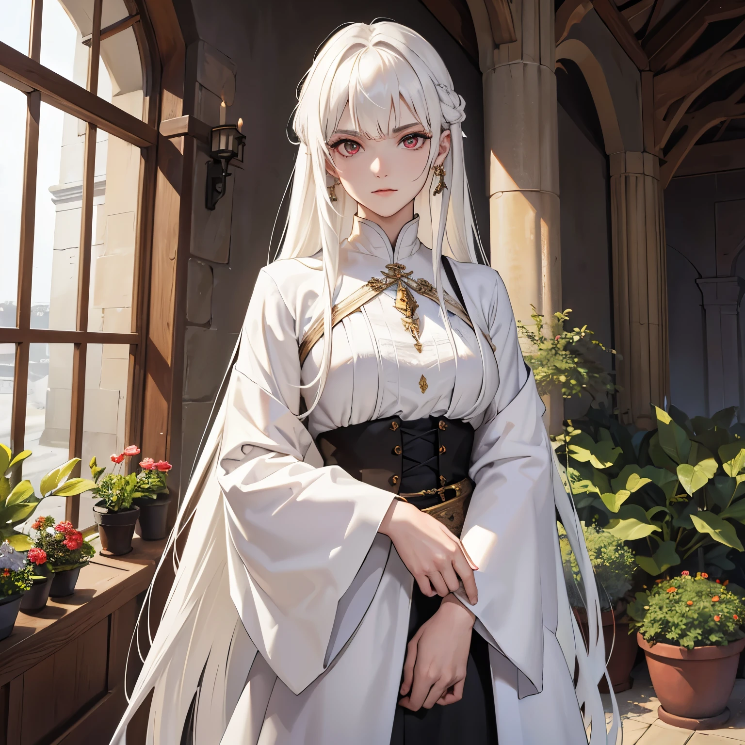 (absurdres, highres, ultra detailed), 1female, pale skin, calm, adult, mature face, very long hair with straight even bangs, very long sidelocks, hime cut, white hair, dark red colored eyes, peasant clothes, wears black clothing, in a castle, indoor garden background, adult face, medieval times, close up, calm, body, flat chest,