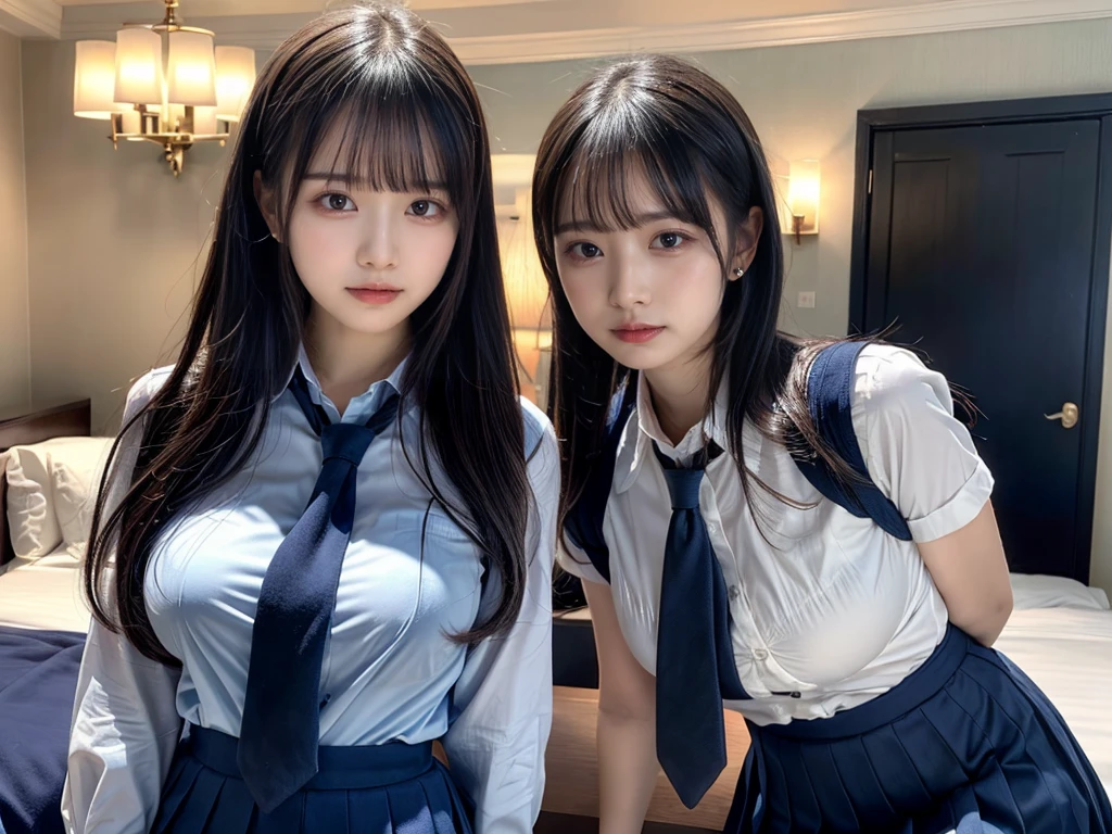 (8K, Raw photography, top-quality, ​masterpiece:1.2),  ((3 beatiful girls))、.（Realistic Skins 1.4）、（（（female high-school student、School Uniforms、）））、{{‎(The background is a luxury hotel room}}（（School Uniforms、white Cutter shirt、darkblue pleatedskirt))、（(long hair)）、((One has short hair)),（A dark-haired、The forehead is hidden by bangs、）、Black eyes、shinny skin.Beautiful delicate face、Beautiful delicate eyes、｛Voluptuous body shape、Thicker thighs｝、One piercing in each ear,((large breasts)), ((navy blue tie)) ,looking at camera, ((close up))