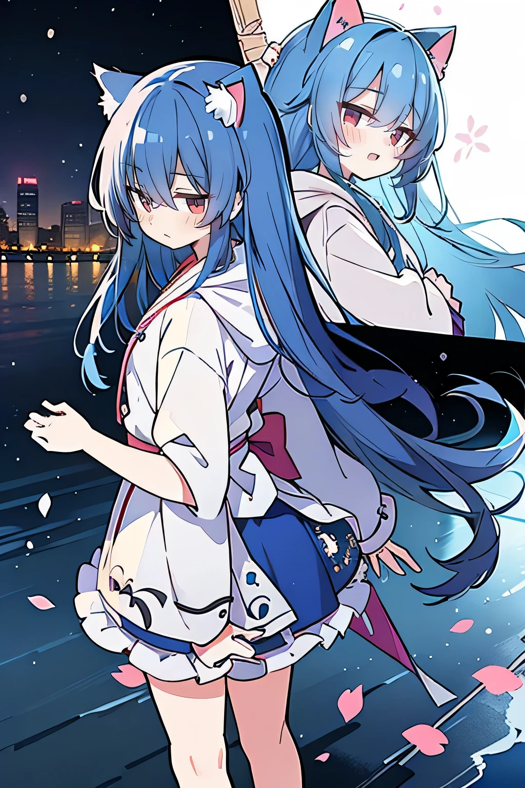 (masterpiece:1.2),Super detailed,lifelike,Expressive eyes,fair skin,perfect face shape,1 girl,
Japanese comics,Gorgeous blue hair,flowing blue hair,flowing clothes,Cat ears,Petals fall,beautiful lola,Baby Angel,
Shaking head with one hand,Cross your legs,Gentle and peaceful background,The pavilion is cool and comfortable,smile, wearing hoodie, background of tokyo,back views,snowing, winter,lie on the water.,.