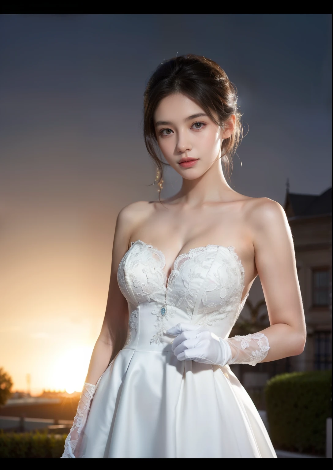 Beautiful   woman。She is wearing a wedding dress and white long length gloves. She is smiling on illuminated by the evening church lights on the romantic sunset time.  her dark brown short length hair. High resolution、masterpiece、highest quality、頭w:1.0、((Hasselblad Photos))、fine skin、(movie lighting)、clavicle . full body picture.