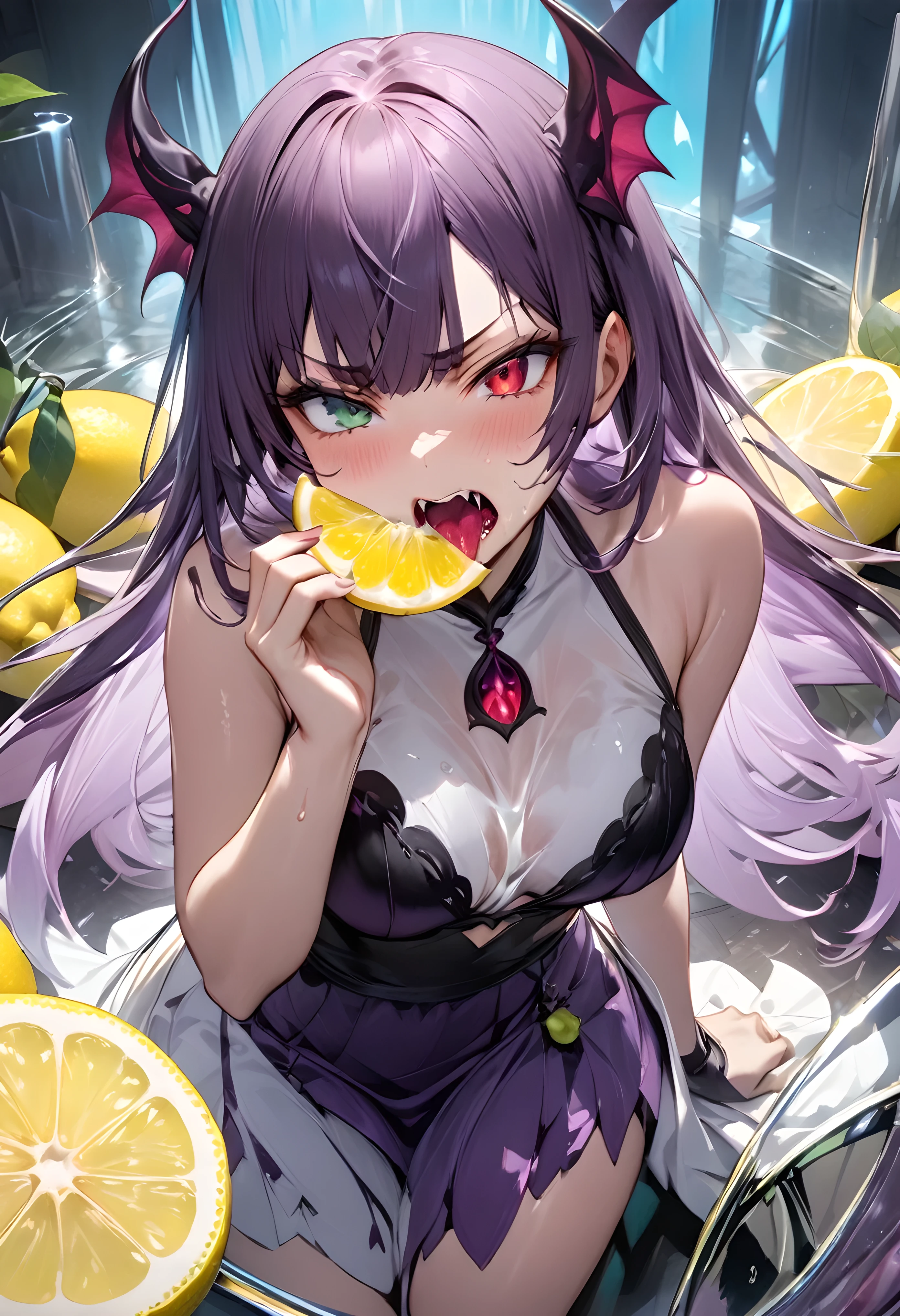  (Bite into a slice of lemon, Hold it in your hand, The gesture of eating ehomaki), (masterpiece, highest quality:1.2), One Girl, alone, The mysterious succubus girl, ((Grimacing)), Juice dripping from the mouth, Expressing sourness with the whole body, sweat profusely, Lemon Eating Challenge,