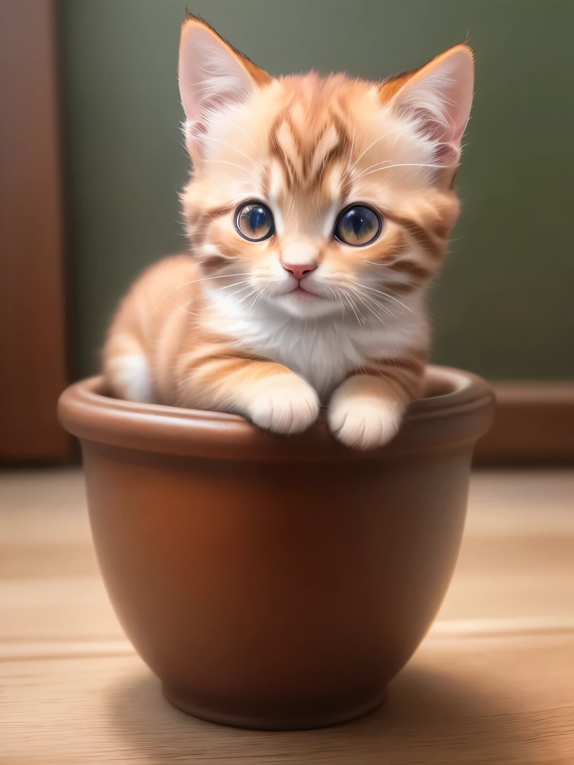 (highest quality,4K,8k,High resolution,masterpiece:1.2),Super detailed,(Realistic,Realistic,Photorealistic:1.37),indoor,Cute reddish brown kitten,Mostly white、Art Gallery、(Very small kitten)、Random Pause