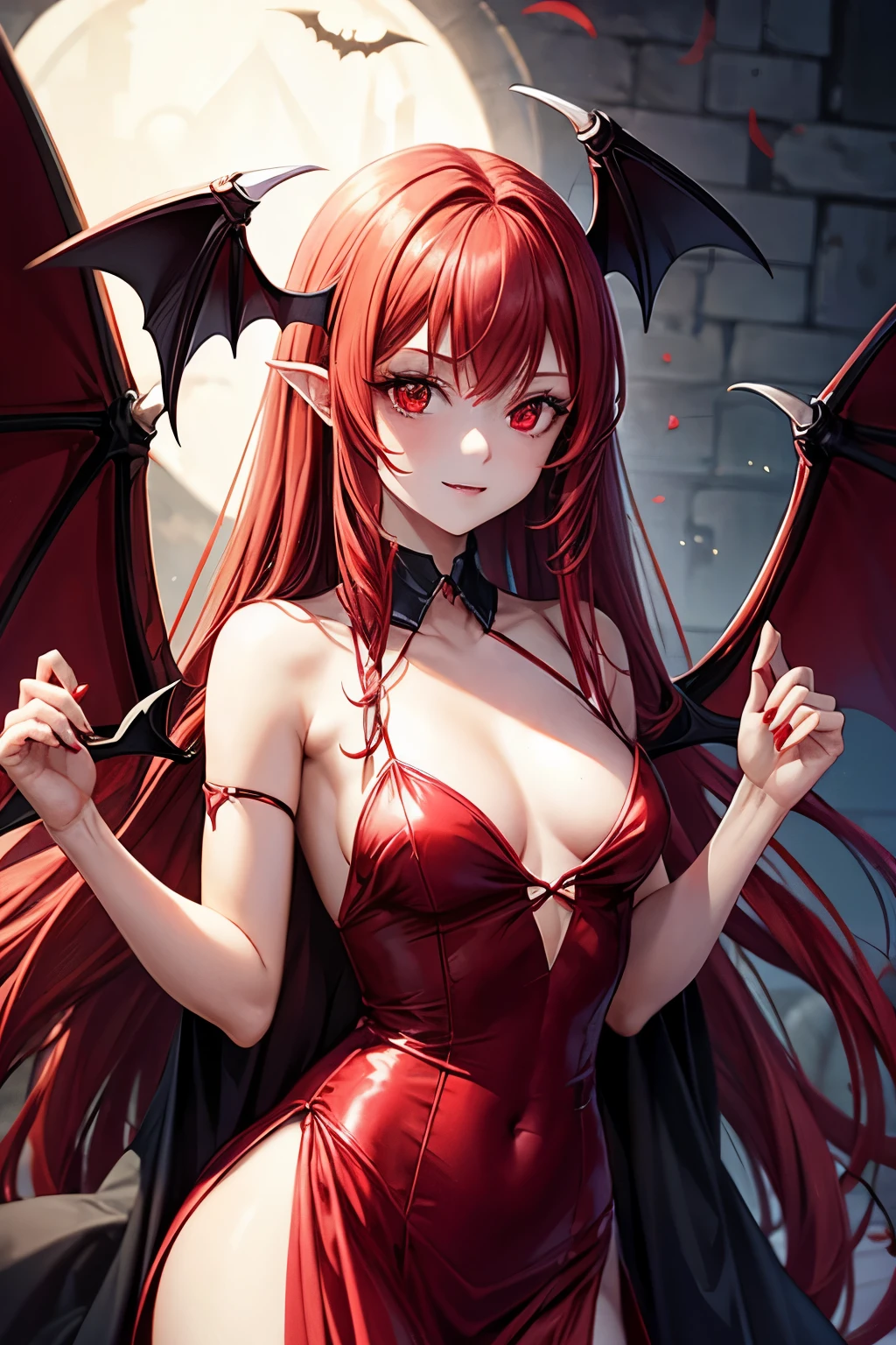 Long red hair, red eyes, small breasts, girl, bat wings, vampire, dress