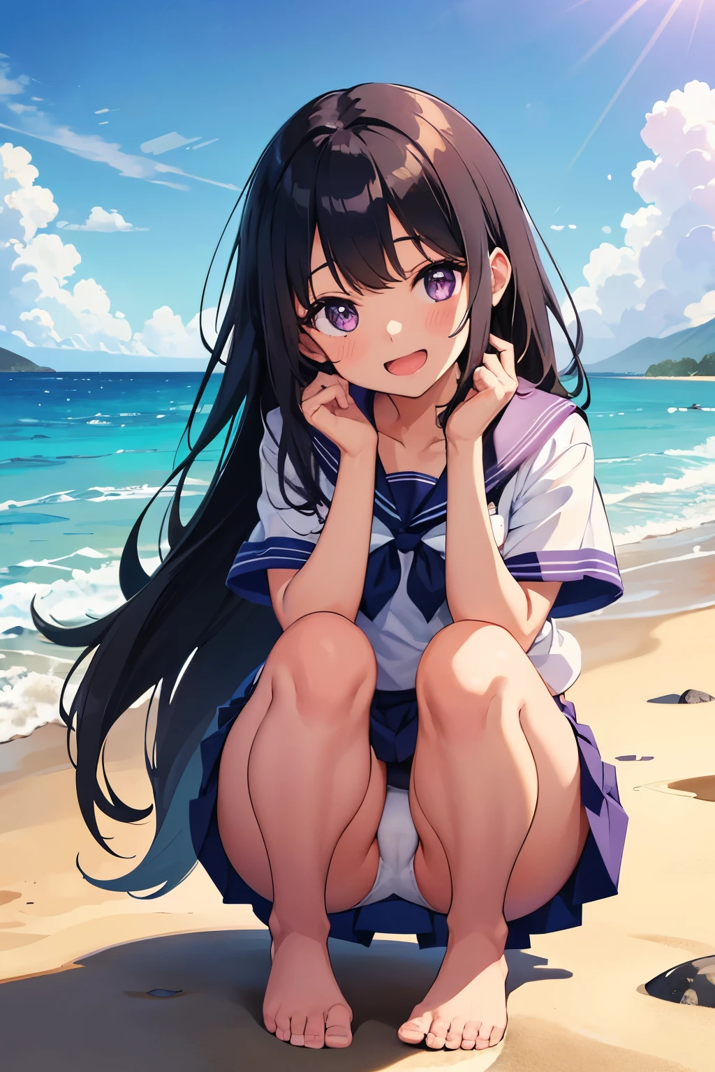 Ocean　The shoreline of the sand　, 8 years old　A-cup breasthair, long hair, purple eyes　A smile with a slightly open mouth　（one person）　White upper body, short-sleeved sailor uniform　Navy blue mini skirt　White panties（（I can see her panties）） barefoot　squatting on the beach　Waves crashing against my feet　 Dynamic angle Low angle