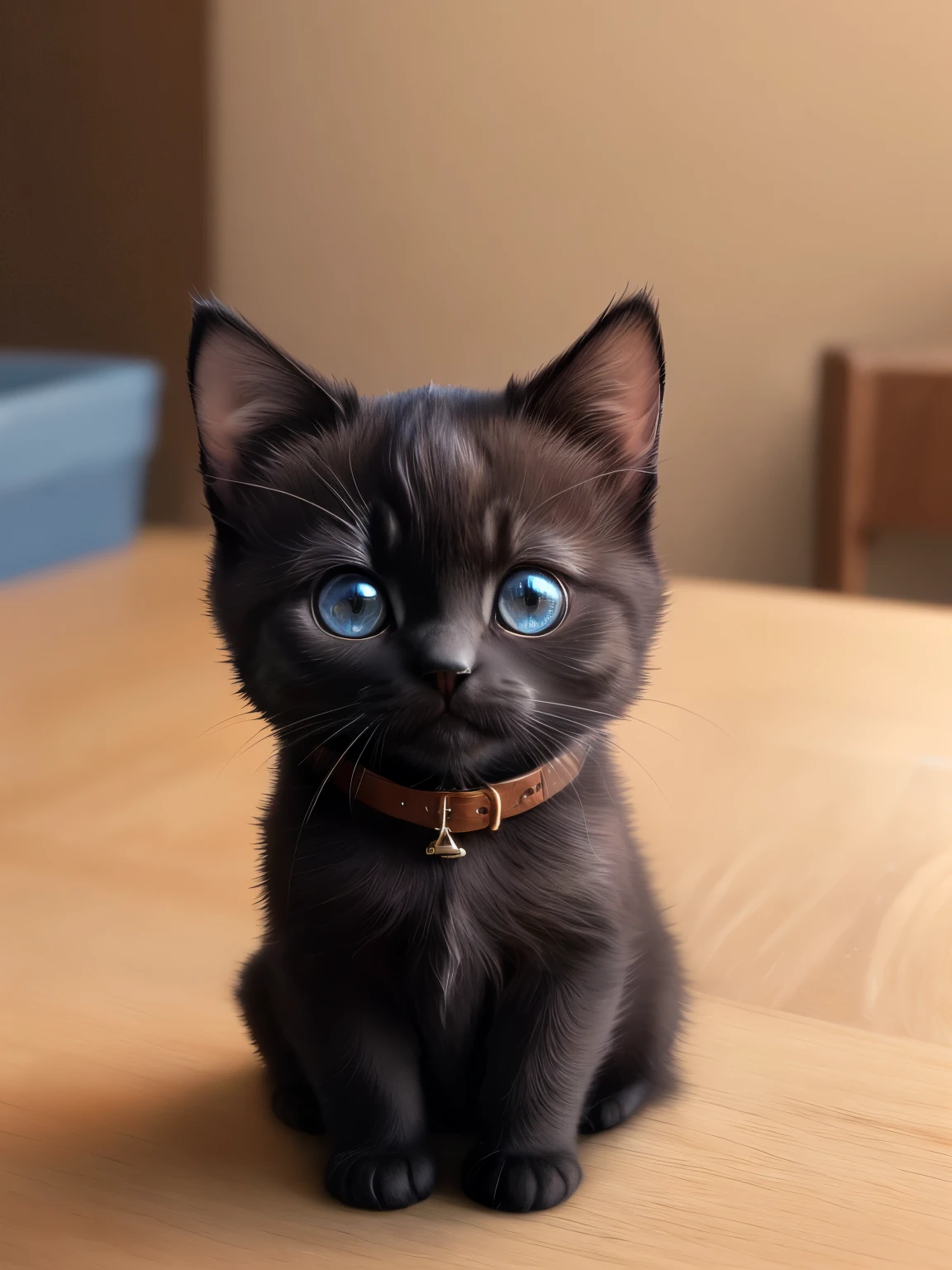 (highest quality,4K,8k,High resolution,masterpiece:1.2),Super detailed,(Realistic,Realistic,Photorealistic:1.37),indoor,Cute black kitten、Blue collar、Art Gallery、(Very small kitten)、Random Pause