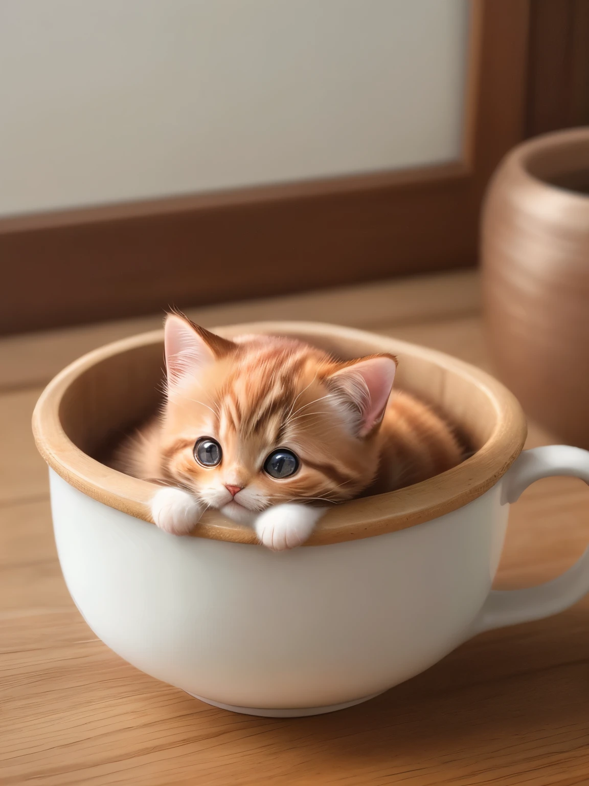 (highest quality,4K,8k,High resolution,masterpiece:1.2),Super detailed,(Realistic,Realistic,Photorealistic:1.37),indoor,Cute reddish brown kitten,Mostly white、Art Gallery、(Very small kitten)、Random Pause