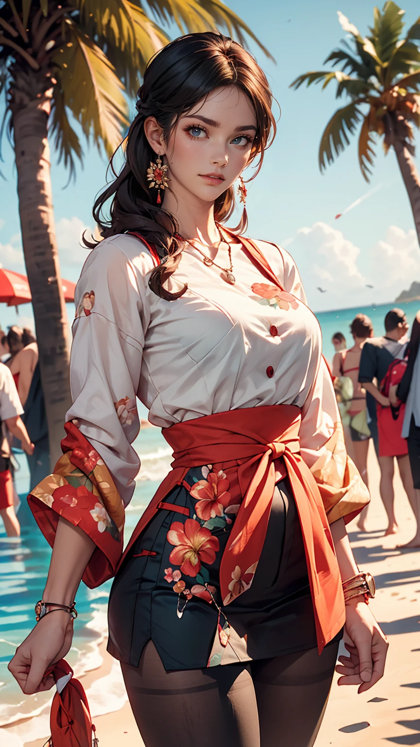 alone, whole body,Earrings, eyelash, pantyhose,, (Beach,(Palm tree),crowd,(White shirt), Floral print,Red lips),Sexy and provocative smile,, (Shiny skin:1.05),(blush:0.9),(Skin dents:1.15),Realistic, masterpiece, highest quality, High resolution,Absurd, (Perfect Face:1.1), (Sharp focus:1.1),, Trending on Artstation, Trending on CGSociety, Complex, Attention to detail, Sharp focus, dramatic,