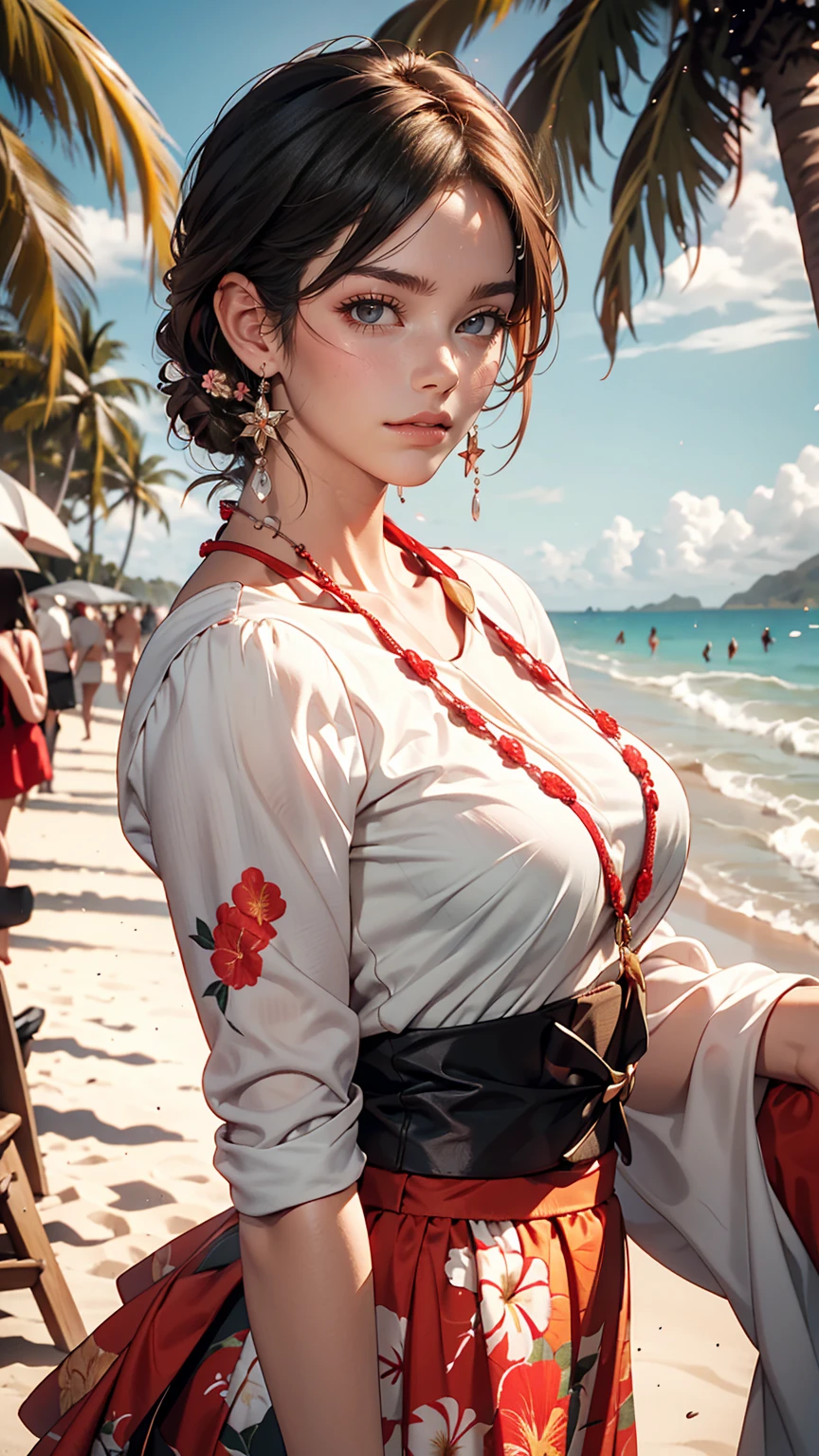 alone, whole body,Earrings, eyelash, pantyhose,, (Beach,(Palm tree),crowd,(White shirt), Floral print,Red lips),Sexy and provocative smile,, (Shiny skin:1.05),(blush:0.9),(Skin dents:1.15),Realistic, masterpiece, highest quality, High resolution,Absurd, (Perfect Face:1.1), (Sharp focus:1.1),, Trending on Artstation, Trending on CGSociety, Complex, Attention to detail, Sharp focus, dramatic,