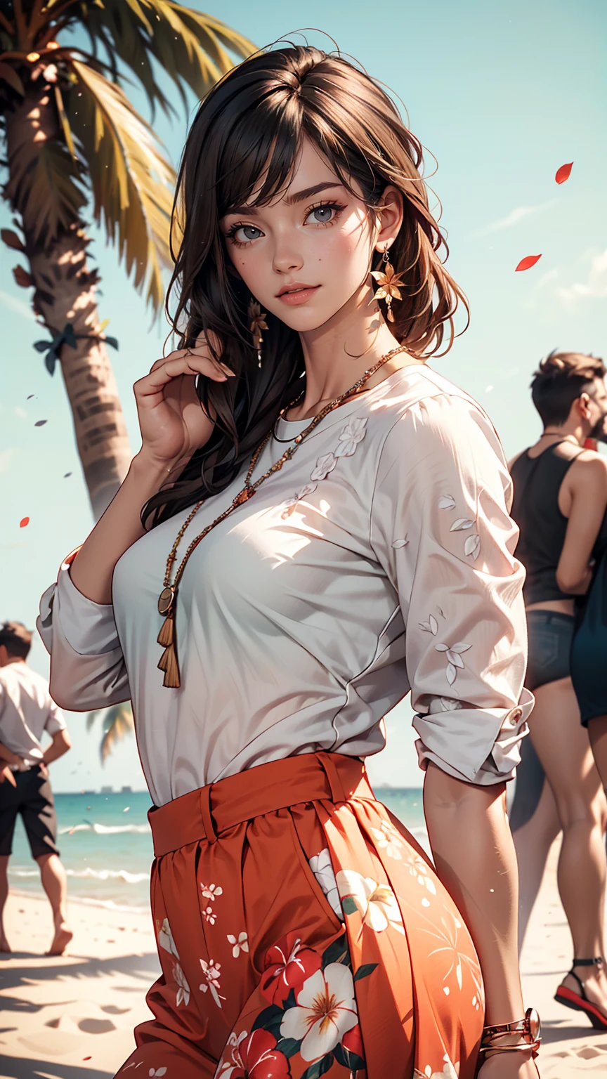 alone, whole body,Earrings, eyelash, pantyhose,, (Beach,(Palm tree),crowd,(White shirt), Floral print,Red lips),Sexy and provocative smile,, (Shiny skin:1.05),(blush:0.9),(Skin dents:1.15),Realistic, masterpiece, highest quality, High resolution,Absurd, (Perfect Face:1.1), (Sharp focus:1.1),, Trending on Artstation, Trending on CGSociety, Complex, Attention to detail, Sharp focus, dramatic,