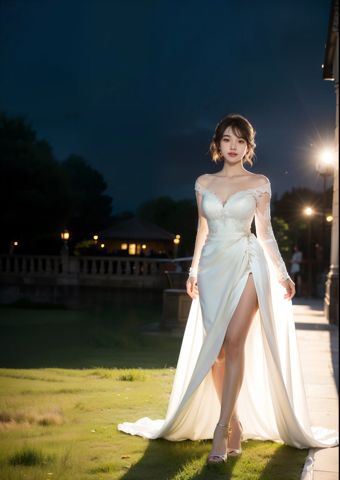 Beautiful 25 year old woman。She is wearing a wedding dress. She is smiling on illuminated by the evening church lights . romantic sunset. her dark brown hair. High resolution、masterpiece、highest quality、頭w:1.0、((Hasselblad Photos))、fine skin、(movie lighting)、clavicle . full body picture.