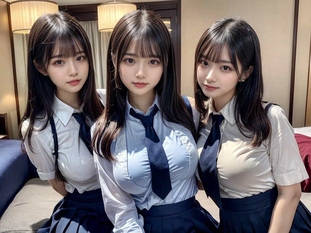 (8K, Raw photography, top-quality, masterpiece:1.2), ((3 beatiful girls))、.(Realistic Skins 1.4)、(((female high-school student、School Uniforms、)))、{{(The background is a luxury hotel room}}((School Uniforms、white Cutter shirt、darkblue pleatedskirt))、((long hair))、((One has short hair)),(A dark-haired、The forehead is hidden by bangs、)、Black eyes、shinny skin.Beautiful delicate face、Beautiful delicate eyes、{Voluptuous body shape、Thicker thighs}、One piercing in each ear,((large breasts)), ((navy blue tie)) ,looking at camera, ((close up))