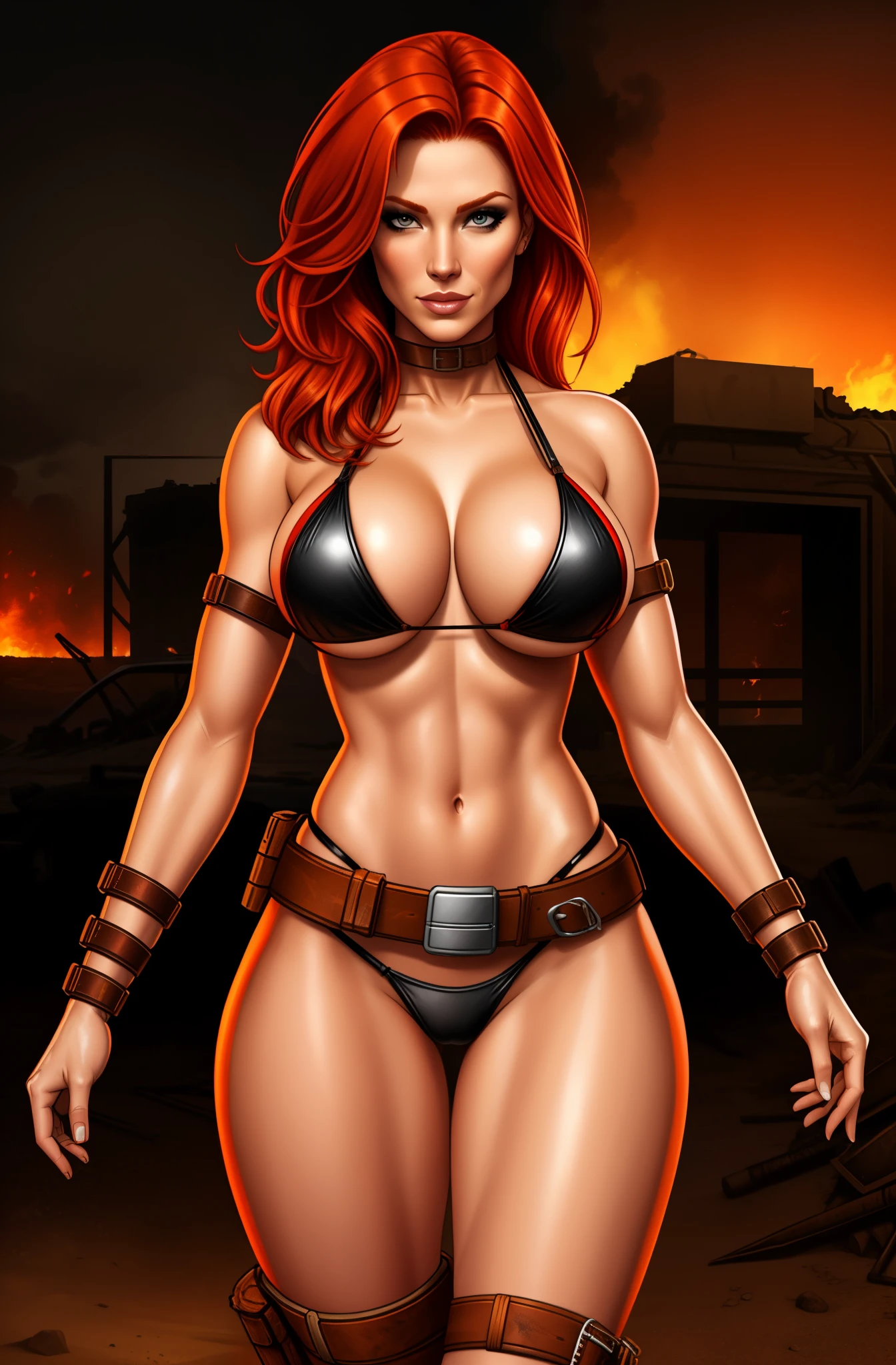 Jennifer Korbin, ginger hair, sexy warrior, apocalyptic survivor, leather belts, slight smile, fiery backdrop, seductive, bikini,