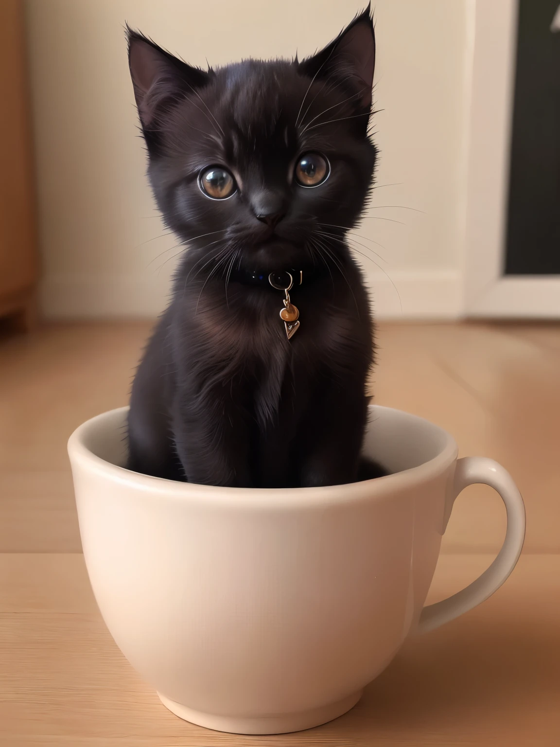 (highest quality,4K,8k,High resolution,masterpiece:1.2),Super detailed,(Realistic,Realistic,Photorealistic:1.37),indoor,Cute black kitten、Blue collar、Art Gallery、(Very small kitten)、Random Pause