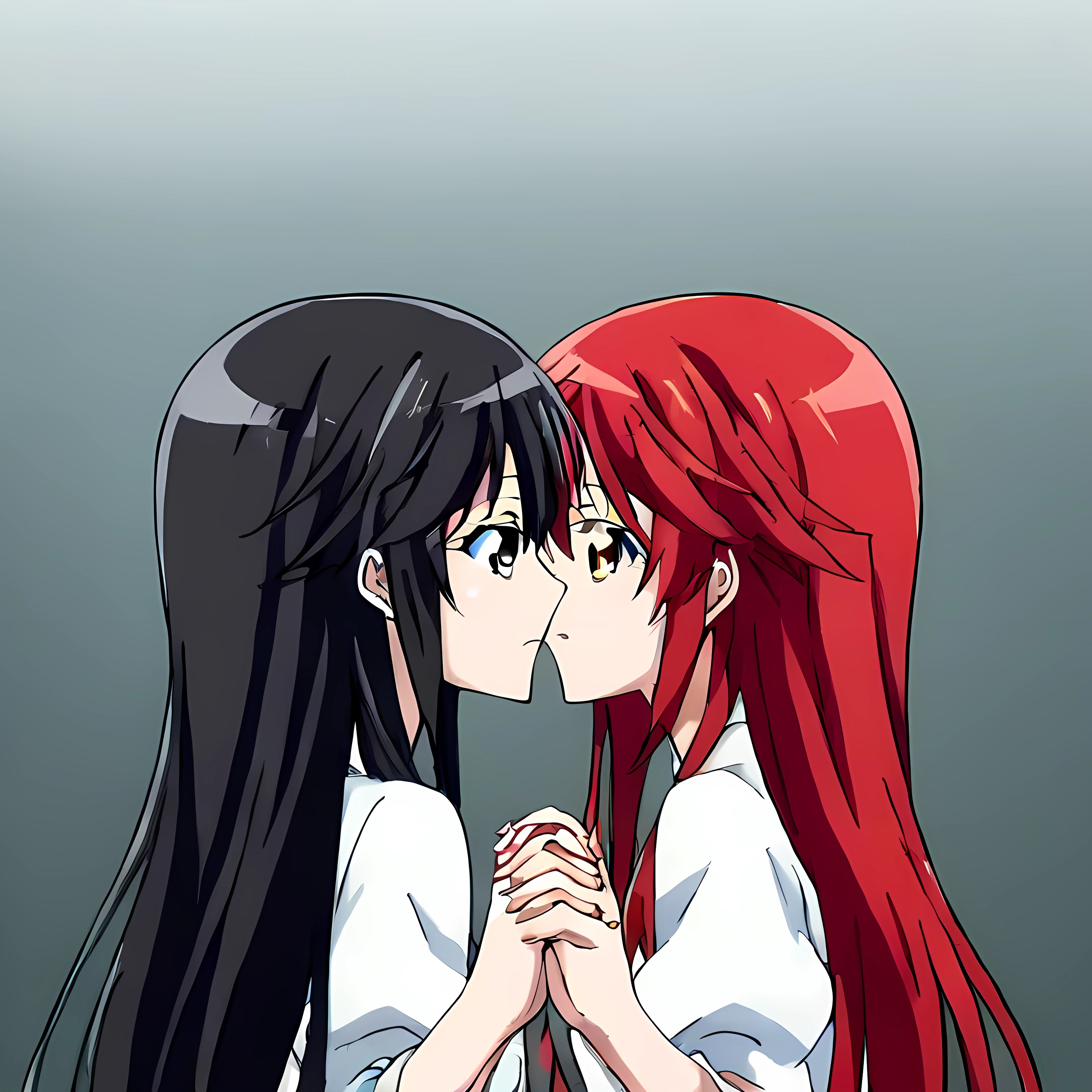  source_anime, long hair, yellow eyes, red hair, holding hands kiss (girl Yuri black hair black eyes)

duo icon 