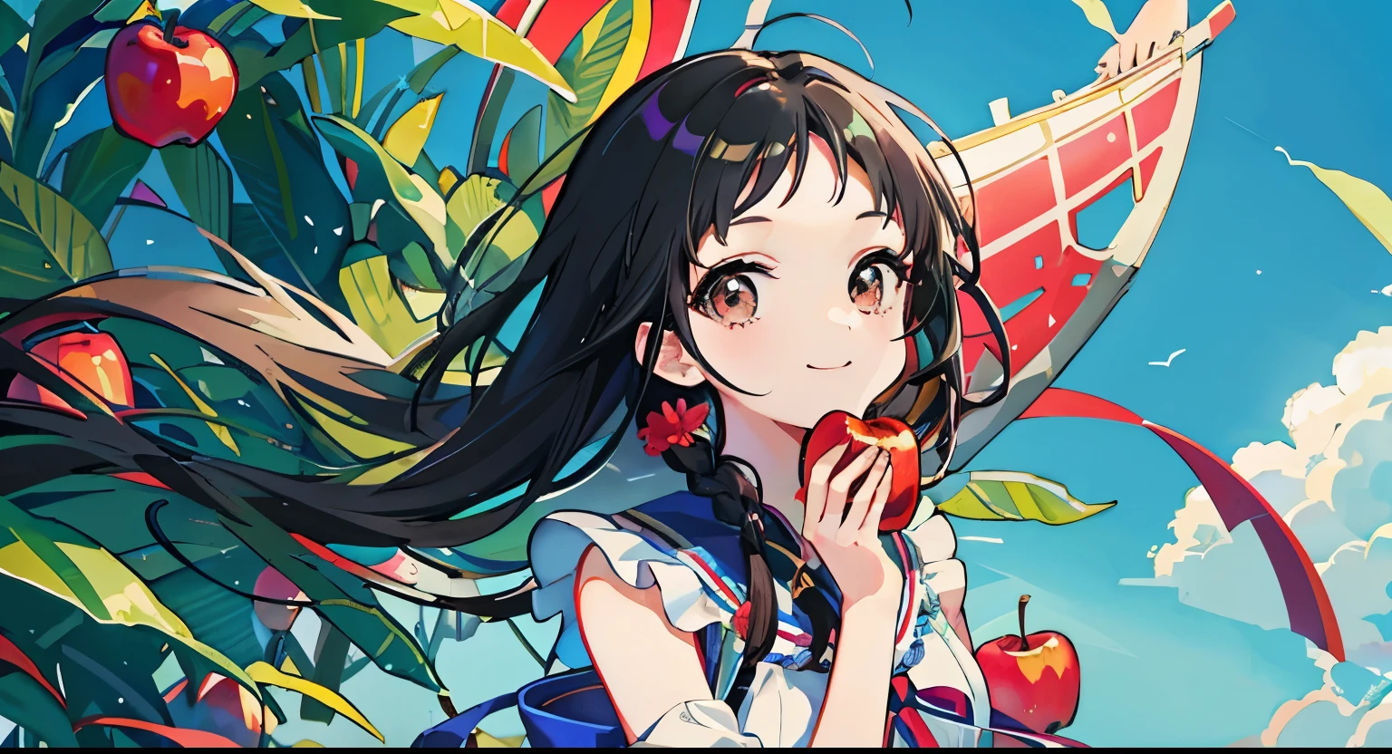 Black Hair、Braided Hair、Brown eyes、appleの木、appleを持つ、apple、girl、bright、cute、anime、Summer sunshine、Fine details、Cute smile、Depth of written boundary、High quality、highest quality