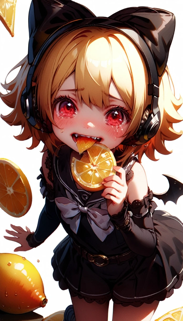 solo,1female\(KAGAMINE RIN\(vocaloid\),face\((very surplized and confused by strong sour taste:1.2),almost crying by sour taste,can not stand the sour taste\),(biting a slice of a lemon\(juicy,fresh\):1.3),cute,kawaii, of 10,llow hair, short hair,red tattoo of numbers"02" on shoulder,(big white bow:1.3),sleeveless white shirt,detached black arm bell sleeves,(arm sleeves are black bell sleeves:1.2),belt,sailor collar,yellow wide tie,white headphones,black shorts,black  knee high leg warmers,yellow key strap at belt,open shoulder,,\), BREAK ,background\(at cute kitchen\), BREAK ,quality\(8k,wallpaper of extremely detailed CG unit, ​masterpiece,hight resolution,top-quality,top-quality real texture skin,hyper realisitic,increase the resolution,RAW photos,best qualtiy,highly detailed,the wallpaper,cinematic lighting,ray trace,golden ratio\),RIN is so so cute,dynamic angle,[nsfw]