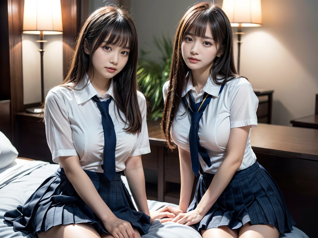 (RAW photo, 4k, masterpiece, high resolution, extremely complex) (realistic: 1.4), cinematic lighting
((2 girls, 2 schoolgirls)),Slam Dunk's,blushing,((innocent)),(Dark makeup),bright eyes,round eyes,blunt bangs,(straight hair:1.3),black hair,large breasts,wide hips,Summer Noon, 20 year old girl、cute type、ta,Hot, (Best Quality), (Highres), (an Extremely Delicate and Beautiful),(Beautiful 8k face),(Brown eyes),short bob hair,( spectators),(gigantic breasts),(Play with each other,Touching each other's bodies,Touching the body),(Japanese high school uniform:1.3),blue skirt,(reality),bright lighting,(The background is a luxury hotel room)