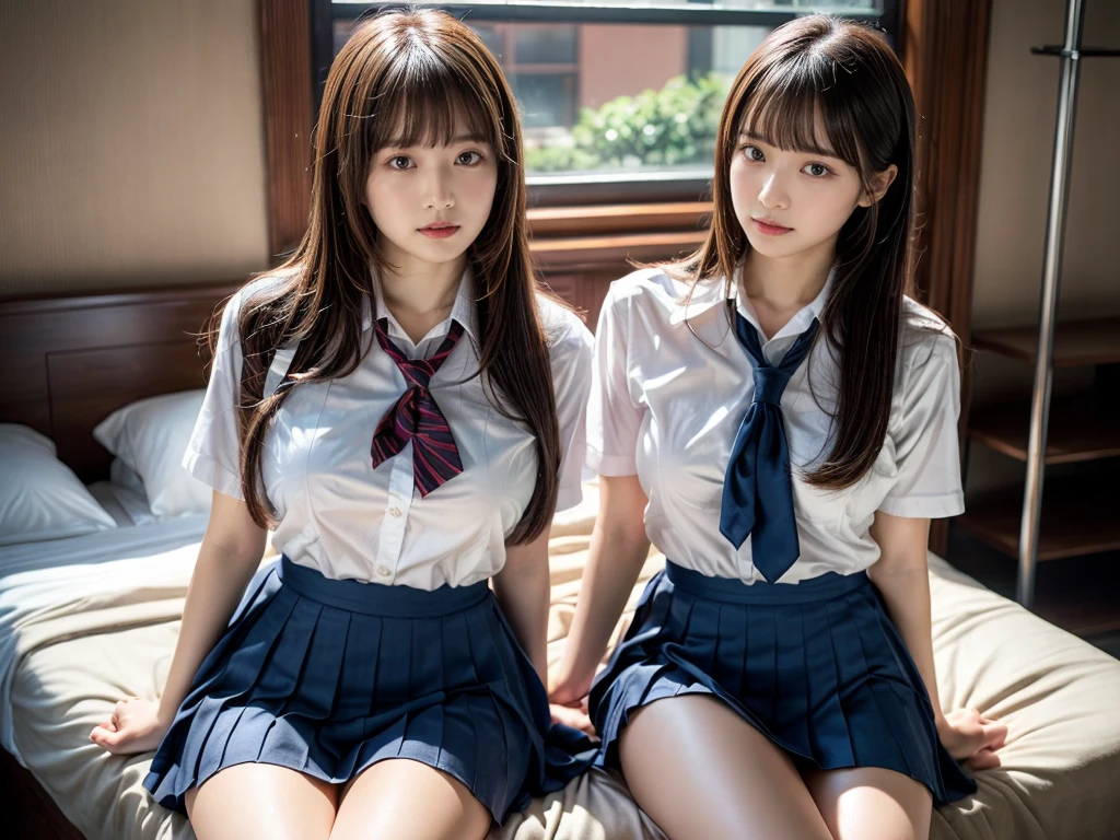 (RAW photo, 4k, masterpiece, high resolution, extremely complex) (realistic: 1.4), cinematic lighting
 ((2 girls, 2 schoolgirls)),Slam Dunk's,blushing,((innocent)),(Dark makeup),bright eyes,round eyes,blunt bangs,(straight hair:1.3),black hair,large breasts,wide hips,Summer Noon, 20 year old girl、cute type、lolita,Hot, (Best Quality), (Highres), (an Extremely Delicate and Beautiful),(Beautiful 8k face),(Brown eyes),short bob hair,( spectators),(gigantic breasts),(Play with each other,Touching each other's bodies,Touching the body),(Japanese high school uniform:1.3),blue skirt,(reality),bright lighting,(The background is a luxury hotel room)