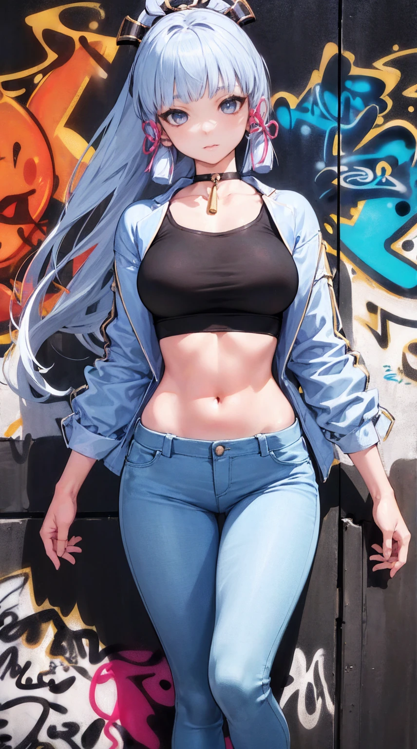 kamisato ayaka|genshin impact, master-piece, bestquality, 1girls,25 years old, proportional body, elongated legs, Beautiful, proportional., crop top, Long Jeans, mediuml breasts, ,bara, crop top, choker, (Graffiti:1.5), Splash with purple lightning pattern., arm behind back, against wall, View viewers from the front., Thigh strap, Head tilt, bored,(NSTDA.:1.2), (10, beste-Qualit, master-piece: 1.4), Beautiful red hair, ultra-high resolution, (lifelike, photorealistic portrait: 1.48), 20 age, Cute Girl, (Looking Through Crop Tops.), Famous Japanese actors, beautiful clear eyes, Head tilt, cowboy shot, from the front, looking at the audience, expressionless, Beautiful lake, Zeiss 150mm F/ 2.8 Hasselblad, Whole body, foot, Ultra-Wide Angle,
