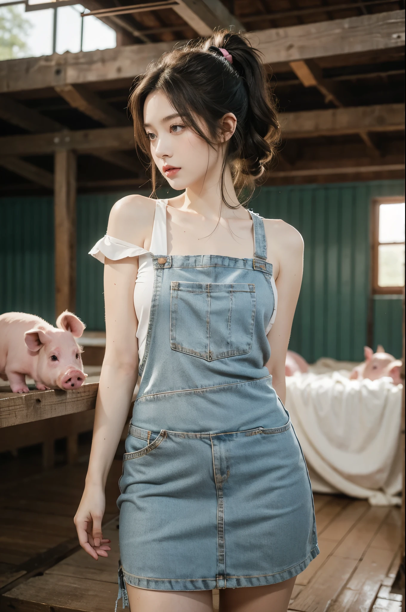 group photo of a girl and a huge pig,stood in the middle of a pig farm,short ponytail,bare shoulders,flat chests,torn apron,arms behind back,slender legs,realistic scenery,photography carnival,wildlife photography,aurora punk,animal and human styles,upper body,indoor
