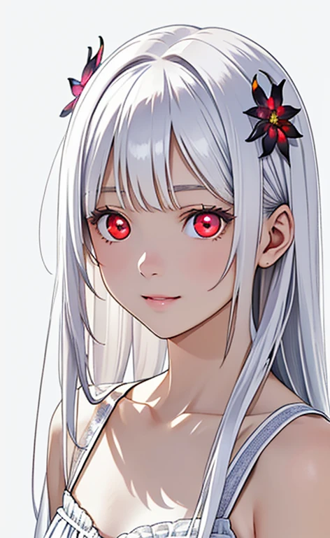 (Photorealistic:1.4)、(masterpiece、Side light、Exquisite beautiful eyes)、(Character Focus、Close to the audience、masterpiece*Portrait)、Real、Cute Face、 3D Face、(white hair:1.5、Straight Hair、Color Inner Hair)、(1 Girl)、(Red eyes:1.2)、(Upper Body)、(Sundress)、 (Cute face),(fingersmile),kind face,(Small breasts),(white background:1.5)、(glowing eyes:1.3)、Flower Hair Clips、 Neat and clean、Adorable、Slim Body(Tareme:1.5),Shiny Hair、Glowing Skin、Nijisketch,Manga,zydG