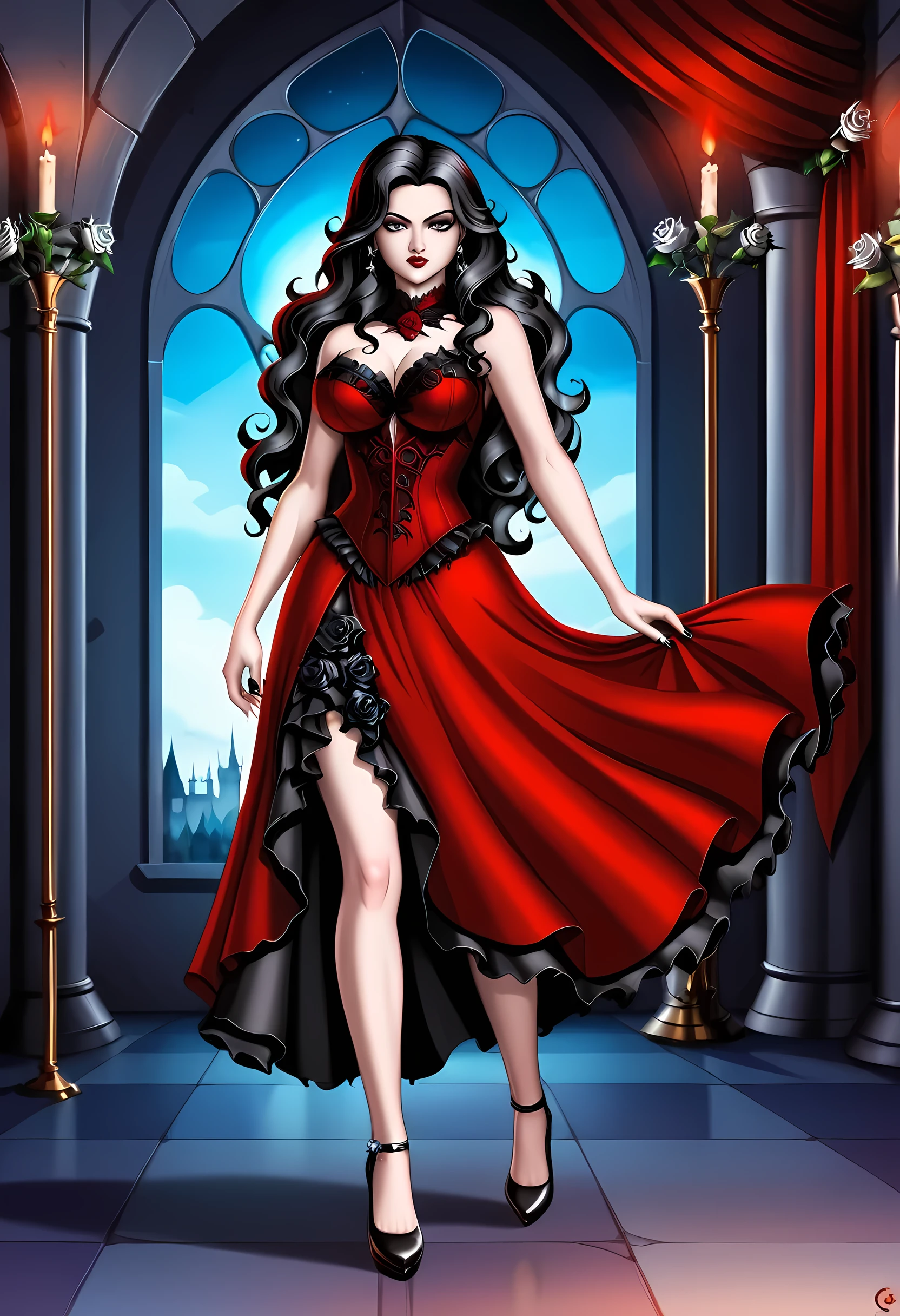 Dark fantasy art, fantasy art, goth art,  a picture of a female vampire, exquisite beauty, full body shot, dark glamour shot,  pale white skin, dark blond hair, long hair, wavy hair, (glowing grey: 1.3) eyes,  she  wears a (red: 1.3) red dress, ArmoredDress, the roses are imprinted on the dress (black: 1.4)  black roses betmd, high heells, dark castle porchm, dark, black and color