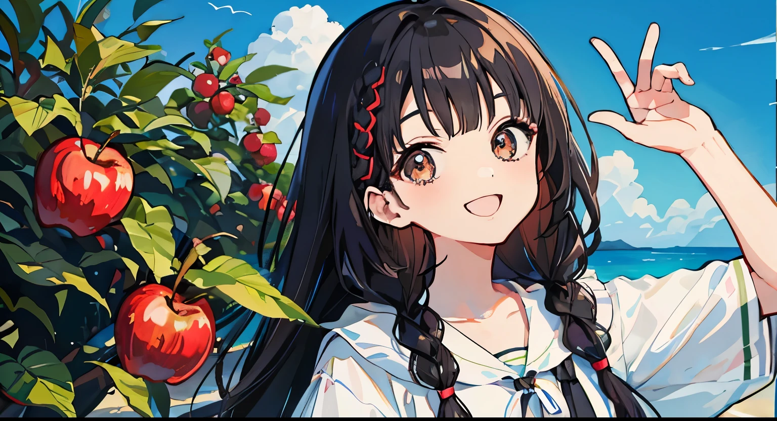 Black Hair、Braided Hair、Brown eyes、appleの木、appleを持つ、apple、girl、bright、cute、anime、Summer sunshine、Fine details、Cute smile、Depth of written boundary、High quality、highest quality