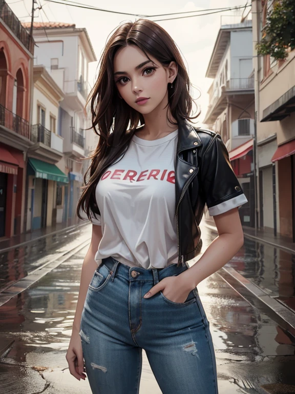 una mujer, ojos grandes, Ojos brillantes, ojos rojos, pelo blanco con puntas rojas, pelo corto desordenado con lados largos, pechos grandes vistiendo una camisa corta blanca, pantalones cortos negros, lipstick, Sombra, cuerpo cubierto de tatuajes, hermosa chica, ( Belleza del cuerpo perfecto: 1.4, symmetrical face with harmonious features, Genuine leather texture, Obra maestra, mejor calidad, cinematic lighting, Piel texturizada, anatomically correct, Alto detalle, realism, high resolution, unidad de fondo de pantalla 8k, profundidad de campo, Calle, Lluvia, cuerpo mojado: 1.2, splashes of water in the Calle.