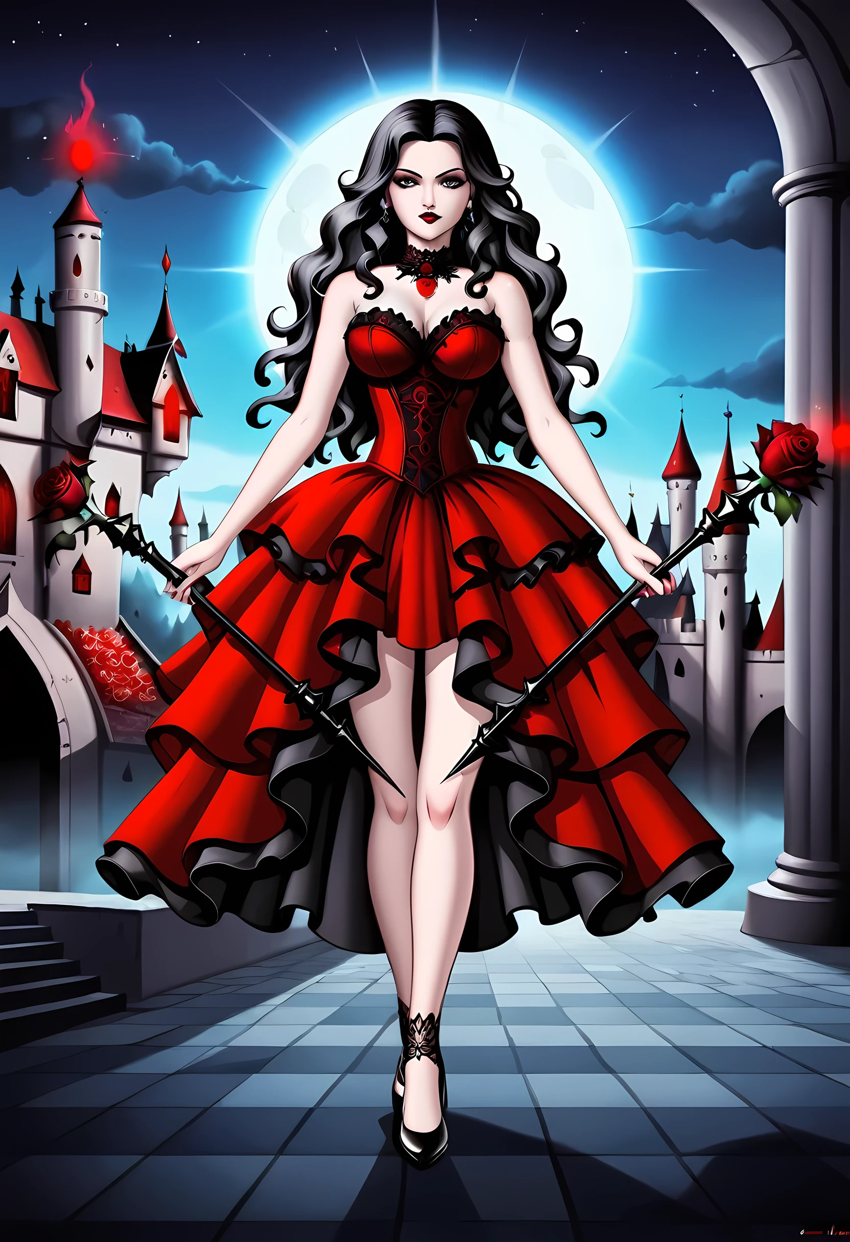 Dark fantasy art, fantasy art, goth art,  a picture of a female vampire, exquisite beauty, full body shot, dark glamour shot,  pale white skin, dark blond hair, long hair, wavy hair, (glowing grey: 1.3) eyes,  she  wears a (red: 1.3) red dress, ArmoredDress, the roses are imprinted on the dress (black: 1.4)  black roses betmd, high heells, dark castle porchm, dark, black and color