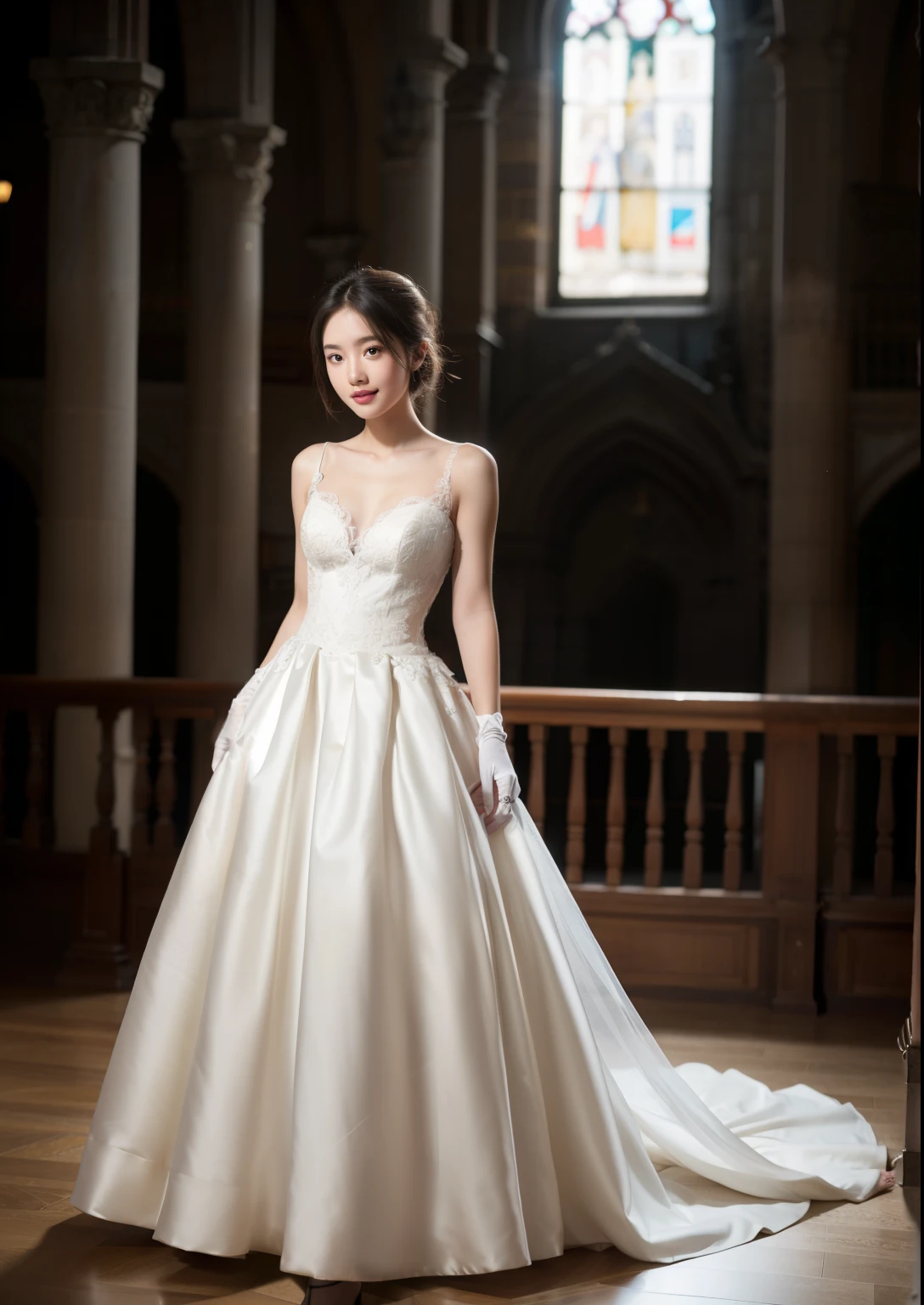 Beautiful 16 year old  woman。She is skinny. She is wearing a wedding dress and white long length gloves. She is smiling on illuminated by the evening church lights on the romantic sunset time.  her dark brown short length hair. High resolution、masterpiece、highest quality、頭w:1.0、((Hasselblad Photos))、fine skin、(movie lighting)、clavicle . full body picture.