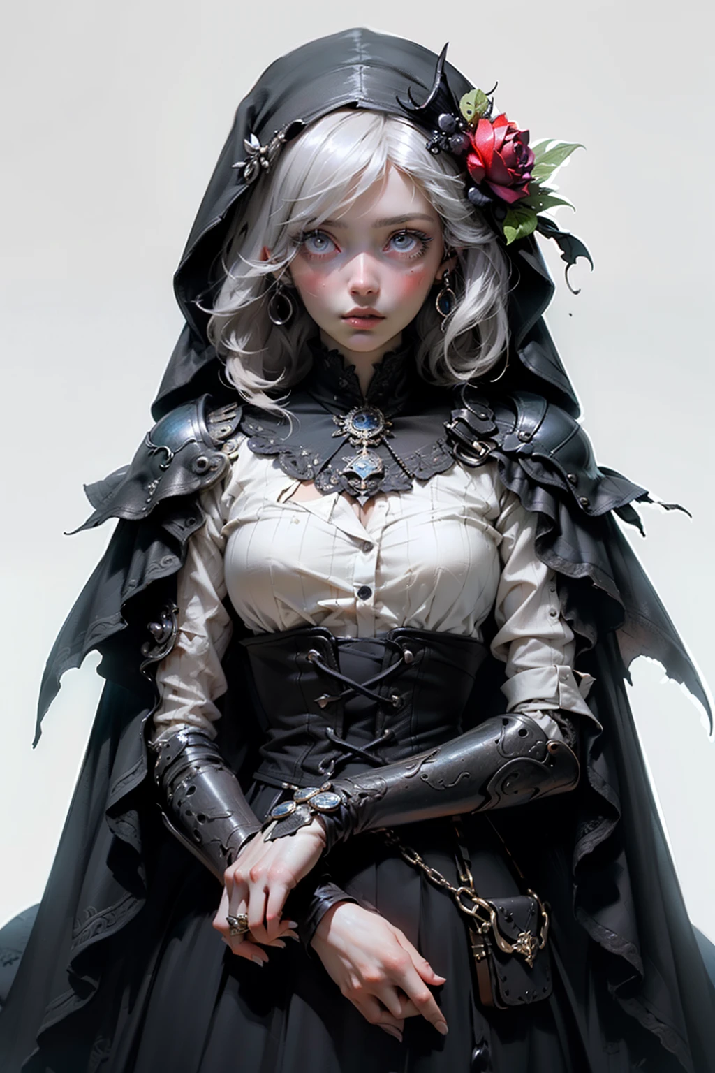 mpts copy
(((On the table, highest quality, Super detailed))), Hand drawn style, Hand drawn style, watercolor, sketch, a knight, White background, Solid background, bloodborne inspiration, Tattered Bloodborne Costume, mysterious aesthetic, mysterious, Shabby red and white clothing,Detailed and complex steampunk and detailed gothic lolita (with hood), crown, long coat, long legs, intricate lace-up boots, Fluttering lace flared long knee length dress with frilly petticoats, long skirt, knee length dress, pleated petticoat, lolita dress, Gothic loli petticoat, beautiful small breasts, (((( Highly detailed face))), Small, thin nose, small thin lips, (((Eyes are very sharp and focused))), Very large slit fine light grey eyes,Sparkling like a gem. Eyelashes are very long, Silver hair swaying in the wind, Radiant light with mandala pattern, White background, Very dramatic and cinematic lighting, Damaged old red and white clothes, full Body, whole Body, Body, cosmic horror, grim darkness