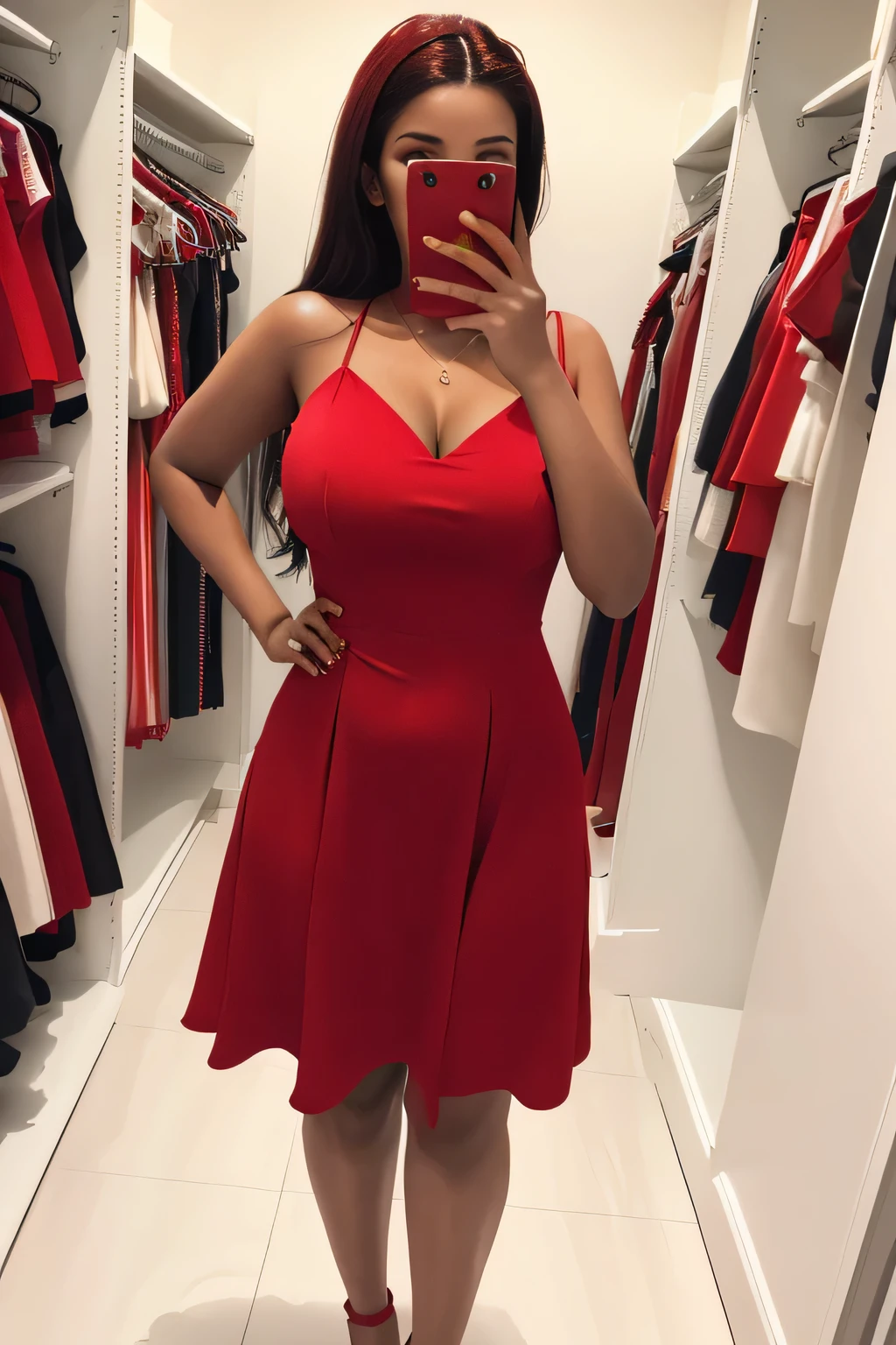 arafed woman in a red dress standing in a closet, wearing a red dress, wearing red dress, girl wears a red dress, red dress, full covered dress, red short dress, flattering photo, wearing a red sundress, in a red dress, wearing a dress, she arrived in a red dress, wearing a red outfit, full length shot