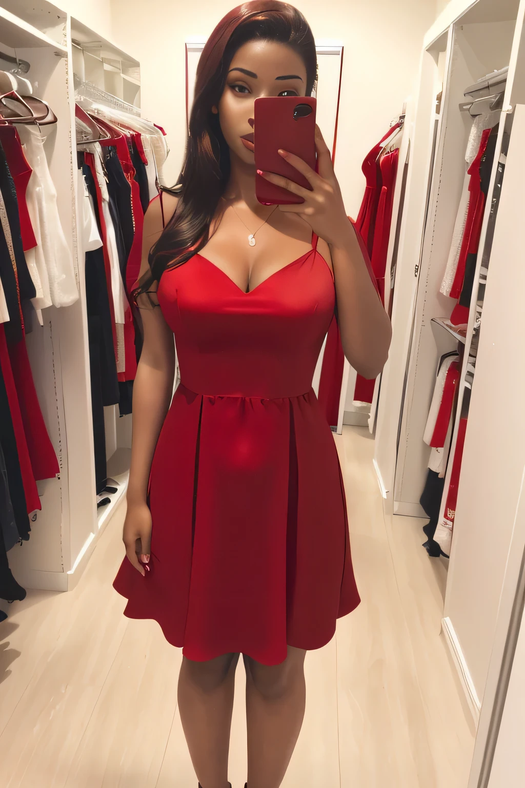 arafed woman in a red dress standing in a closet, wearing a red dress, wearing red dress, girl wears a red dress, red dress, full covered dress, red short dress, flattering photo, wearing a red sundress, in a red dress, wearing a dress, she arrived in a red dress, wearing a red outfit, full length shot